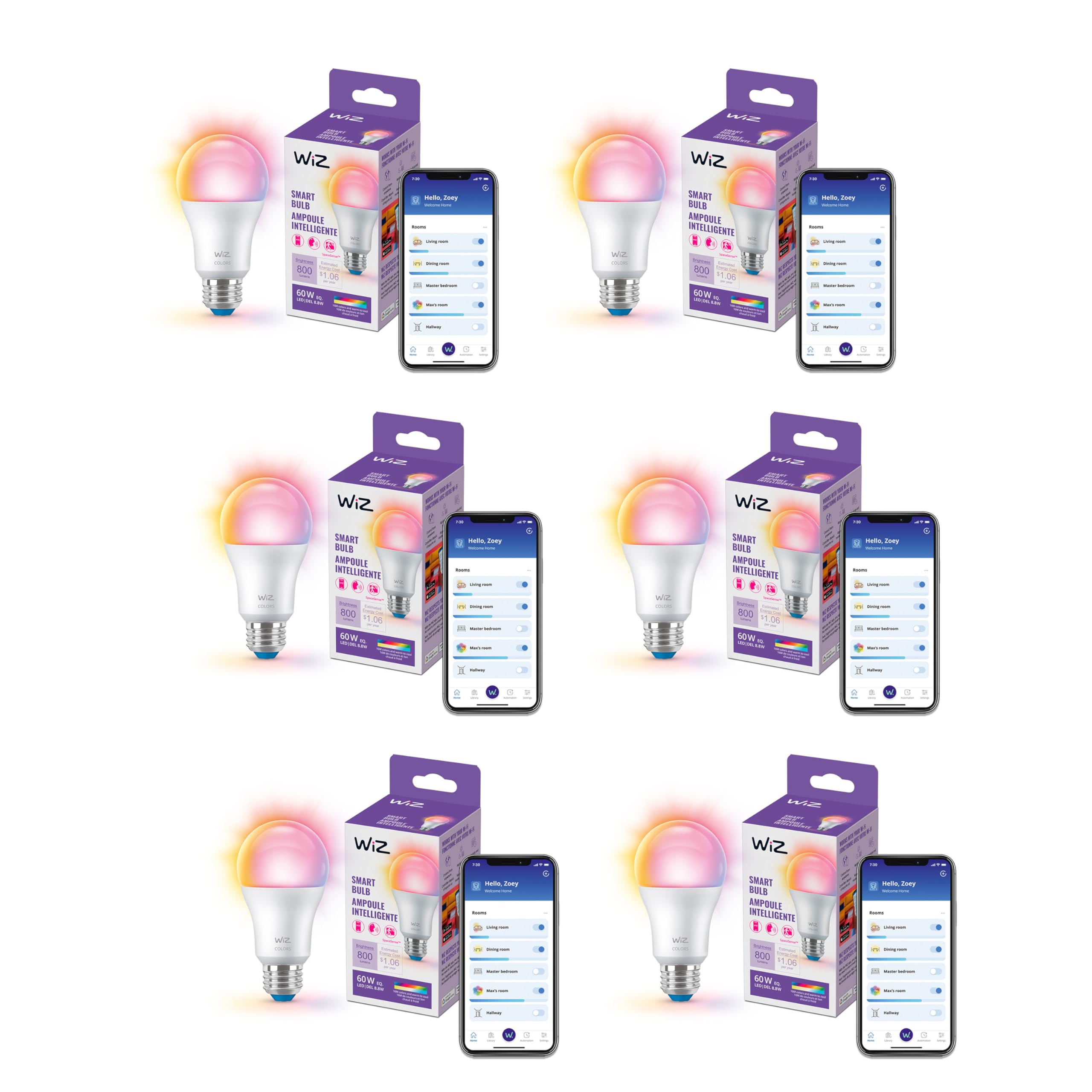 WiZ LED Smart Light Bulbs, Sunset to Sunrise Automation + Motion Detection + Control with Voice or App, Full Color A19 60W 800LM E26 Indoor, Matter Compatible - 6 Pack