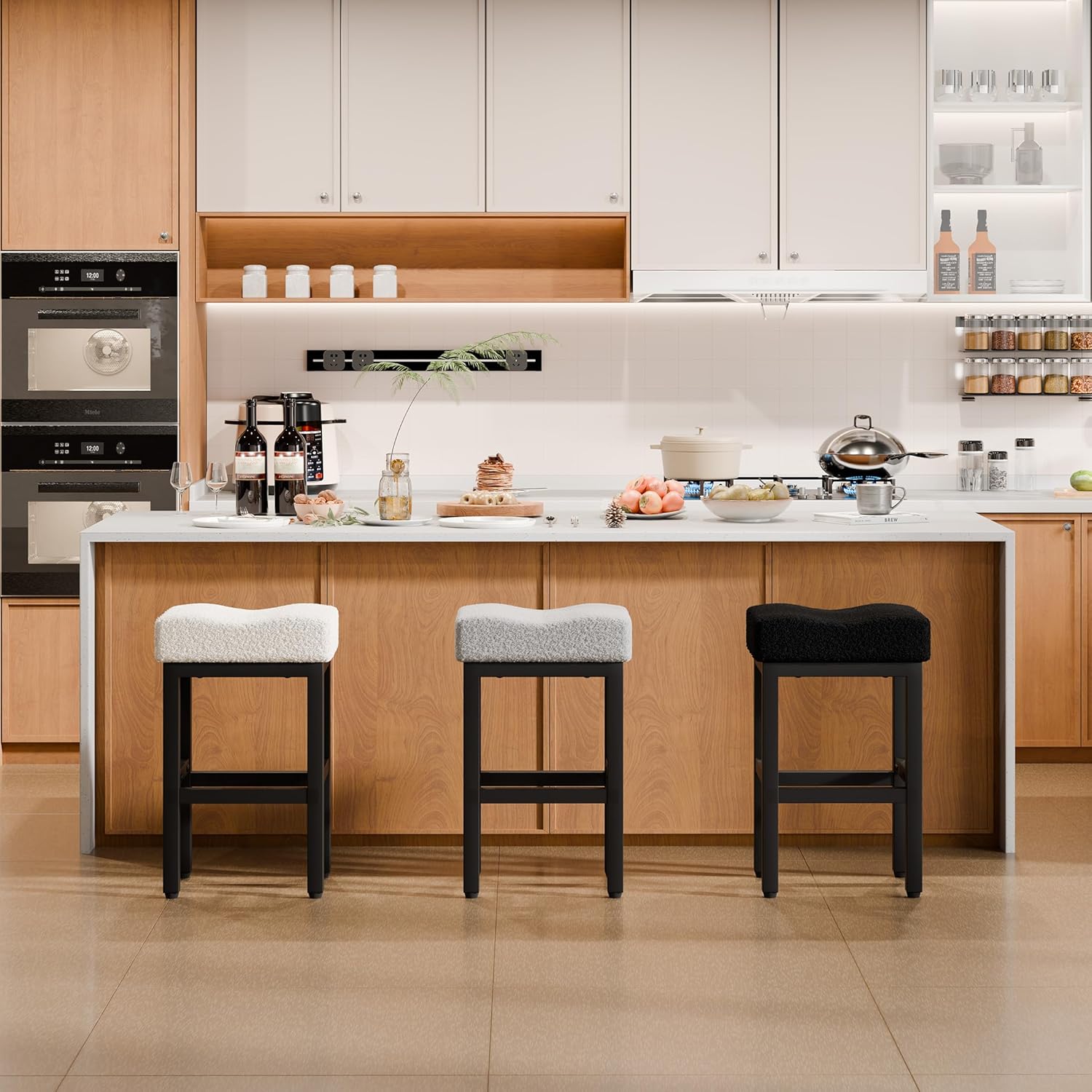 White Bar Stools Set of 4 - 28 Inch Counter Height, Boucle Backless Bar Height Stools with Saddle Seats & 4.33" Thick Cushion, Heavy-Duty Metal Base, Easy Assembly for Kitchen Island