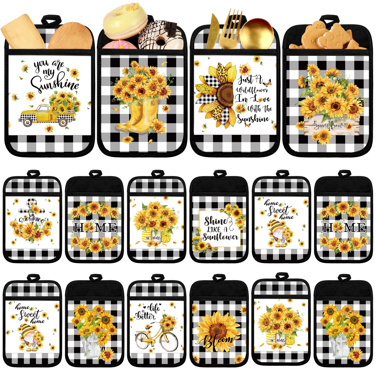 Jingmore 12 Pcs Sunflower Pot Holders Bulk, Black White Plaid with Pocket