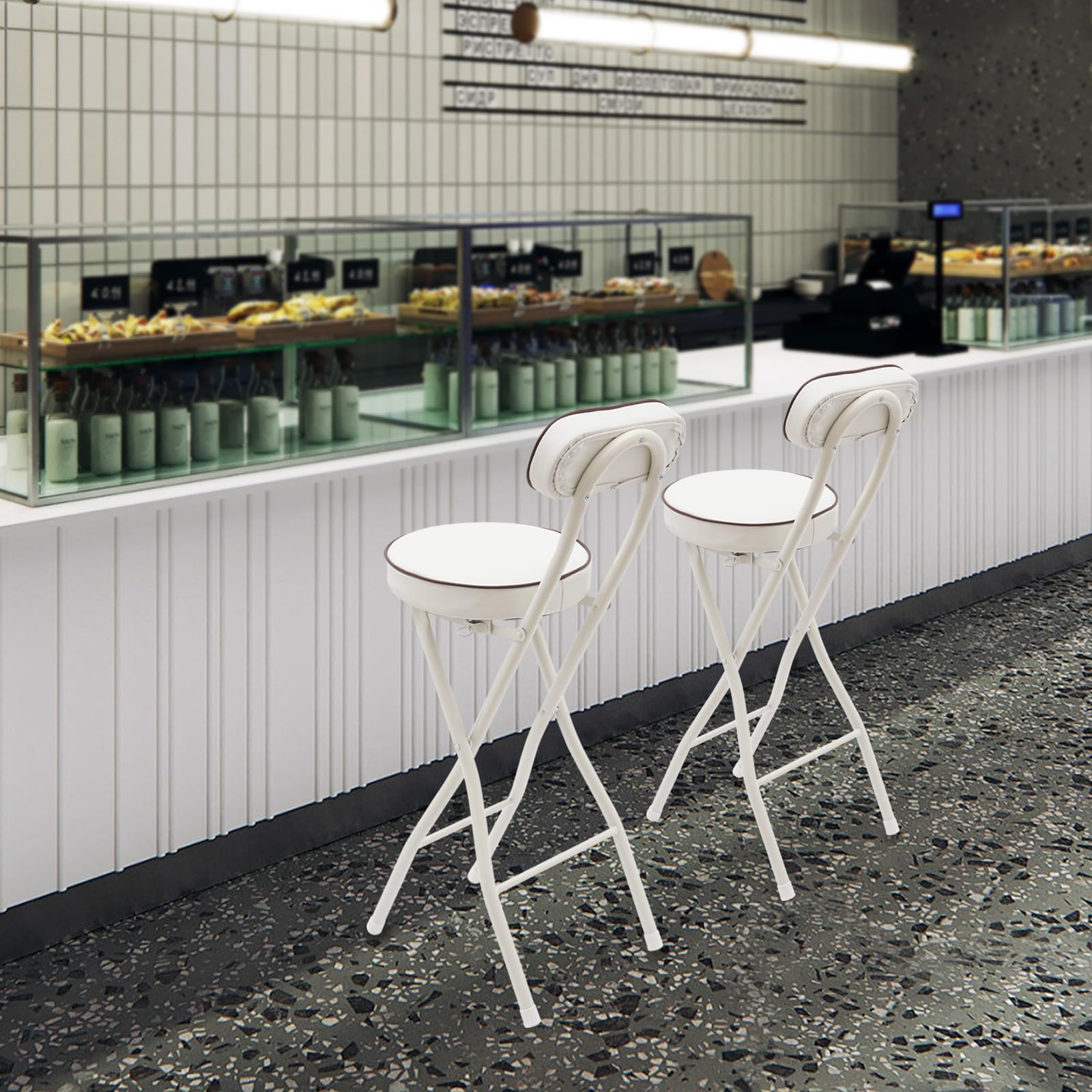 Sgabello pieghevole da bar, bianco, moderno, pieghevole, con imbottitura e schienale, set da 2 pezzi, piedini antiscivolo, blocco sicuro, cucina, balcone, campeggio, 88 x 40 x 26 cm