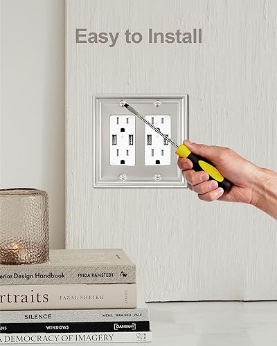 Miniatura 5 de Paquete de 2 placas de pared decorativas dobles, placa eléctrica de níquel satinado para receptáculo, interruptor de atenuación, salida GFCI, tamaño