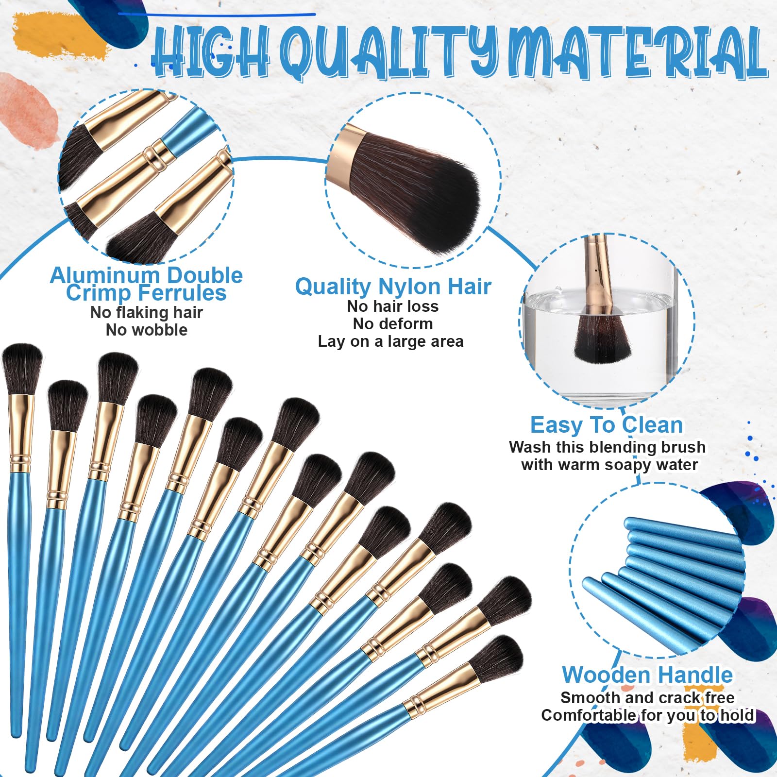 Colarr Lot de 40 pinceaux de 2,5 cm pour peinture acrylique, pinceau ovale avec manche en bois pour peinture acrylique, huile, artisanat, visage et corps (bleu)