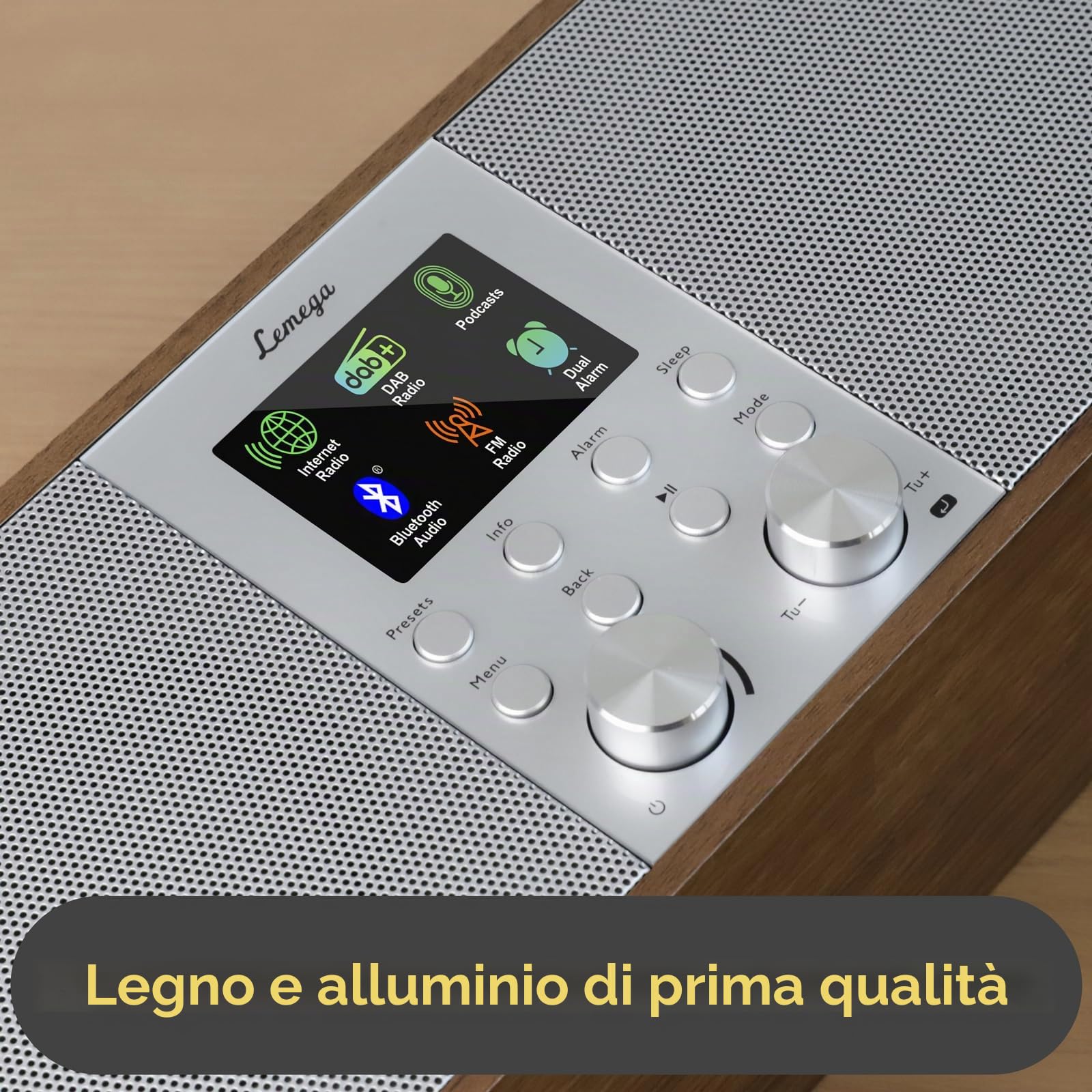Radio Internet Lemega IR6 con podcast e streaming Bluetooth,radio DAB+/FM stereo,doppio altoparlante 2.0,150 stazioni preimpostate,sveglia,batteria ricaricabile (Noce)