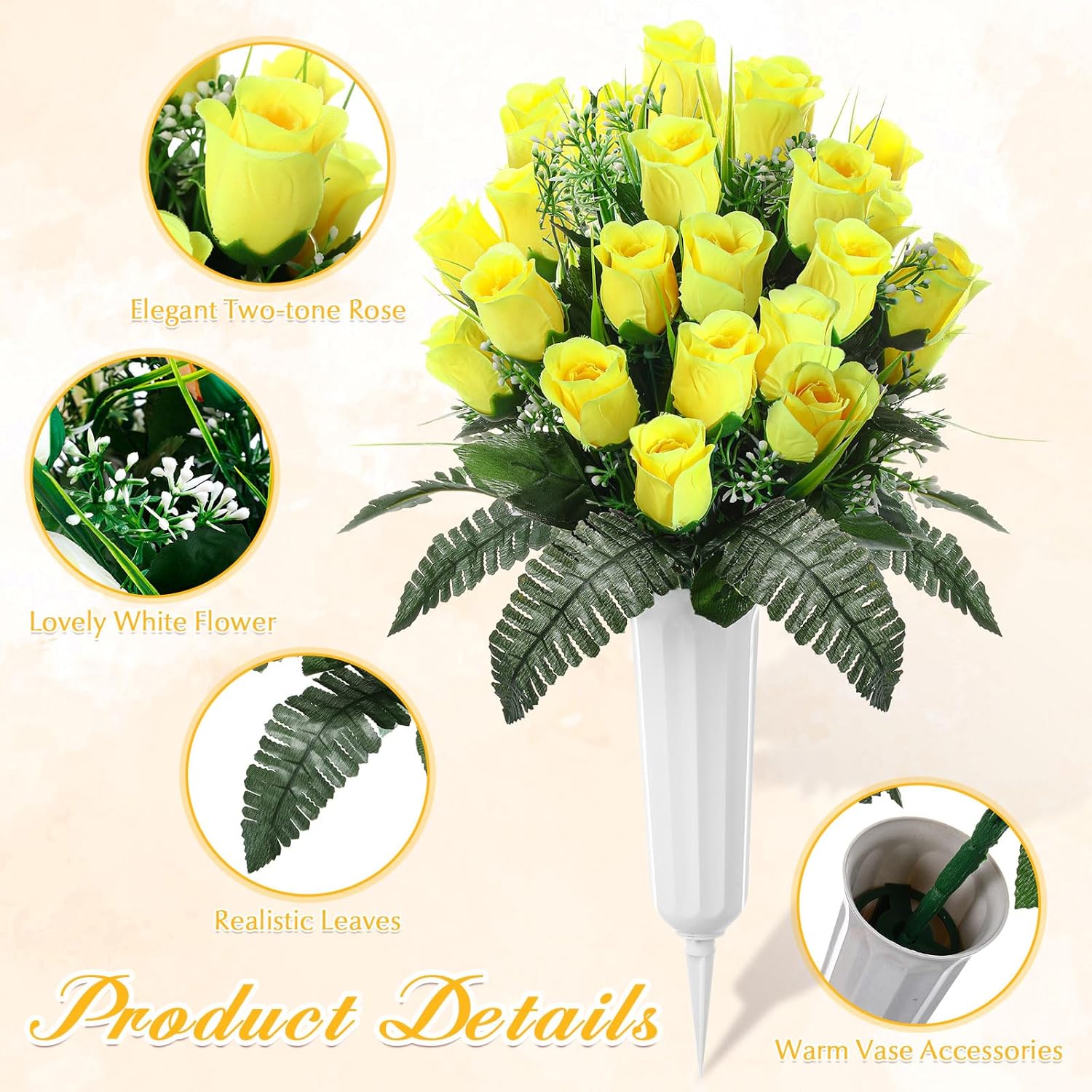 XunYee 2 Pack Memorial Day Cemetery Flowers with Grave Vase 48 Heads Artificial Memorial Flower Bouquet Silk Rose Spring Floral Arrangement for Gravesite Headstone Outdoor Decor(Yellow)