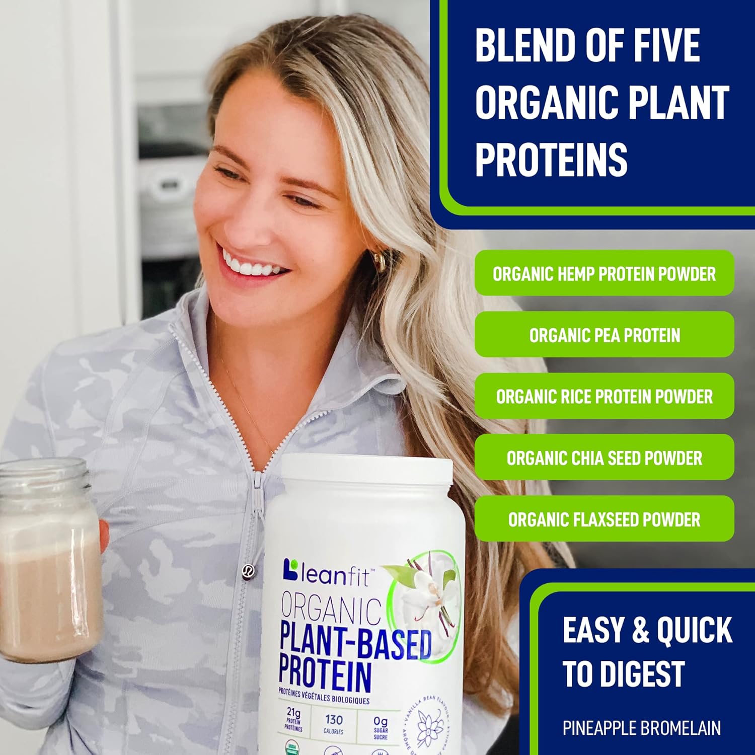 LeanFit Organic Plant-Based Protein Powder, Natural Vanilla Flavor - Vegan, USDA Organic Certified, Soy-Free, Gluten-Free, Dairy-Free, Sugar-Free, Non-GMO - 21g Protein, 19 Servings, 1.58 Pound Tub - Image 6
