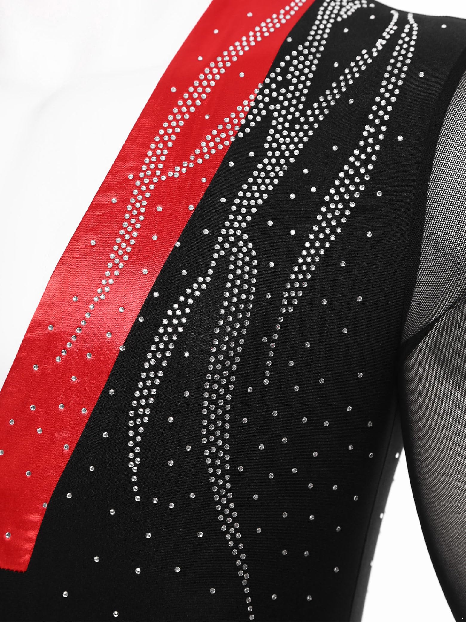 Camisa de baile latino para hombre, manga larga, cuello en V, retazos de malla brillante, body con diamantes de imitación estándar jazz salón de baile traje de leotardo