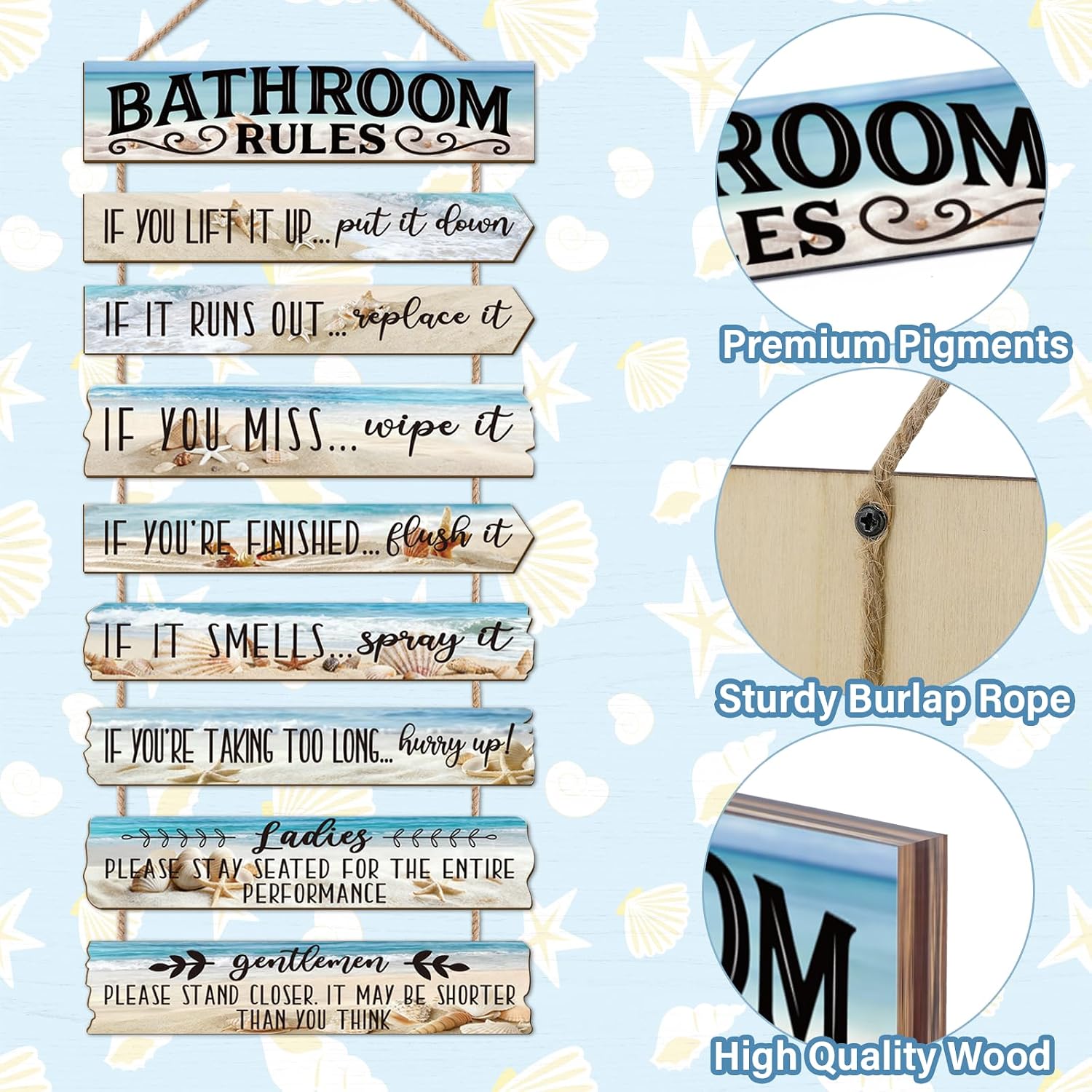 Bathroom Wall Decor Funny Bathroom Signs Bathroom Rules Pictures Wall Art Decor Rustic Farmhouse Toilet Decor Wooden Sign (Ocean) image 3
