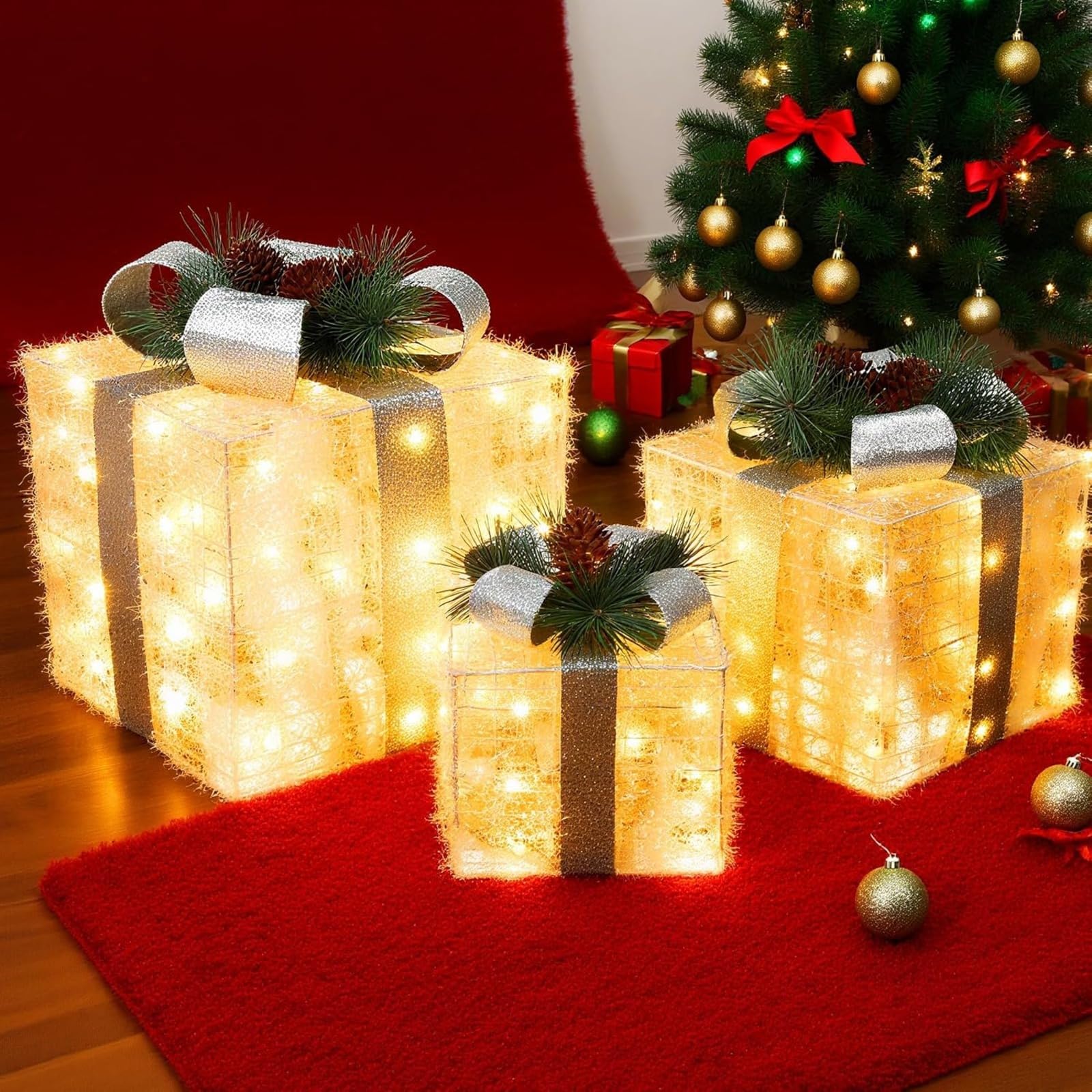 Scatole regalo natalizie illuminate, set di 3 scatole regalo con luci a LED con fiocchi verdi e palline di peluche colorate, decorazioni natalizie per esterni, decorazioni natalizie per albero di