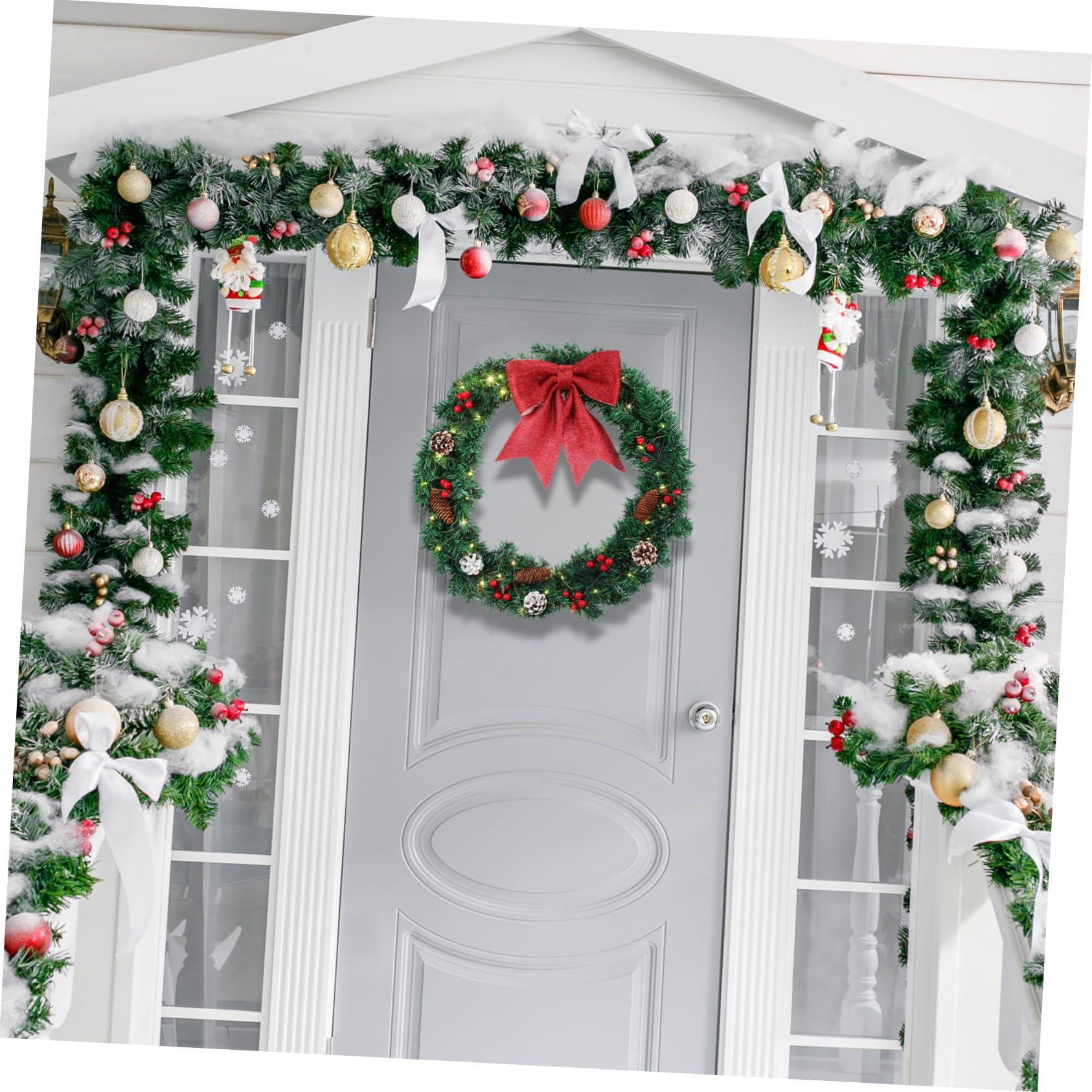 Guirnalda Navideña Brillante de Decoración Artificial con Luces Acento Festivo con Lazo y Piñas para Decoración de Puerta Interior
