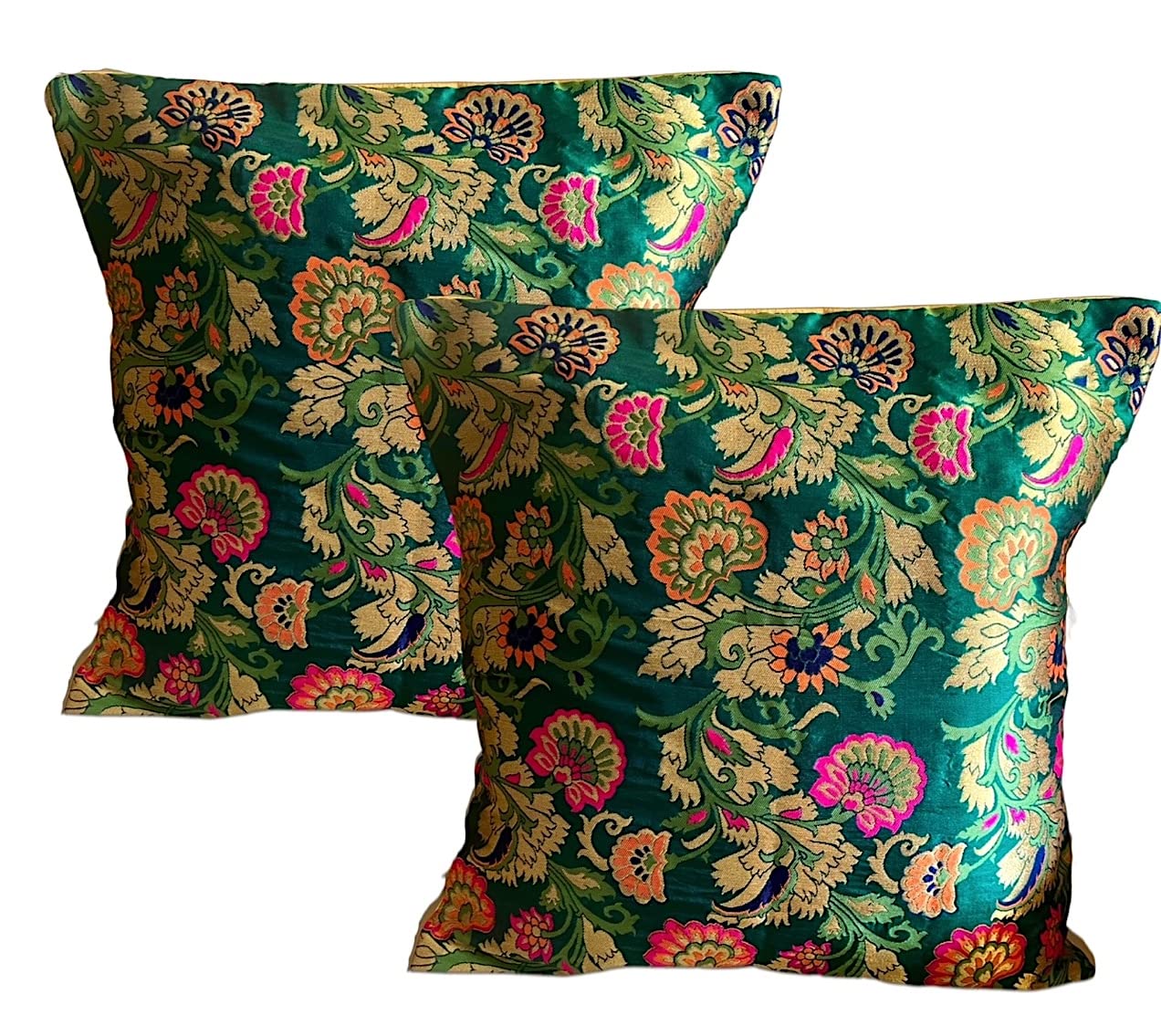 Pilovilo Brocade Silk Green 120 TC Cushion Covers Set of 2 in Multicoloured Floral Design Festive Size 16"X16" with Silk Back (Green Oriental, Set of 2, Regular Size) Visit The Store-image-35