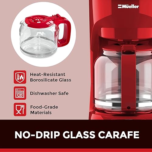 Miniatura 6 de MÜELLERHOME Cafetera roja de 12 tazas, perfecta para el hogar u oficina, jarra de borosilicato, apagado automático, filtro reutilizable, antigoteo,
