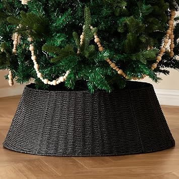 Rustic Farmhouse Christmas Tree Collar - 28Inch Woven Wicker Tree Base Stand Cover for Artificial Trees - Holiday Decoration Ring Skirt Basket for 6ft 7.5ft 9ft Tree, Natural & StableBlack