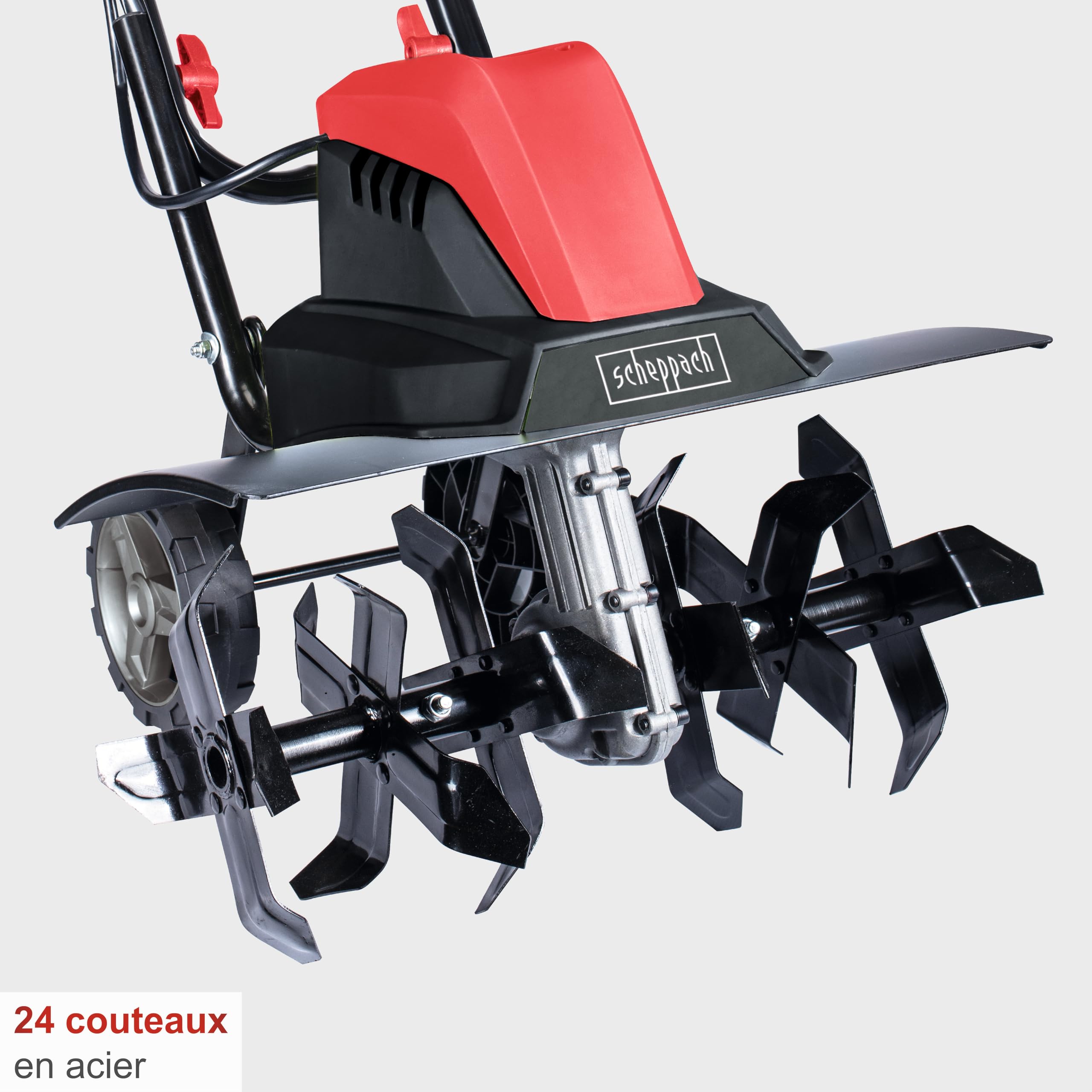 Scheppach Motobineuse électrique MTE460 | 1500W | 450mm de Largeur & 220mm de Profondeur de Travail | Equipée de 24 Couteaux | Nécessite Peu d'entretien | Guidon Repliable | Idéal pour Potager
