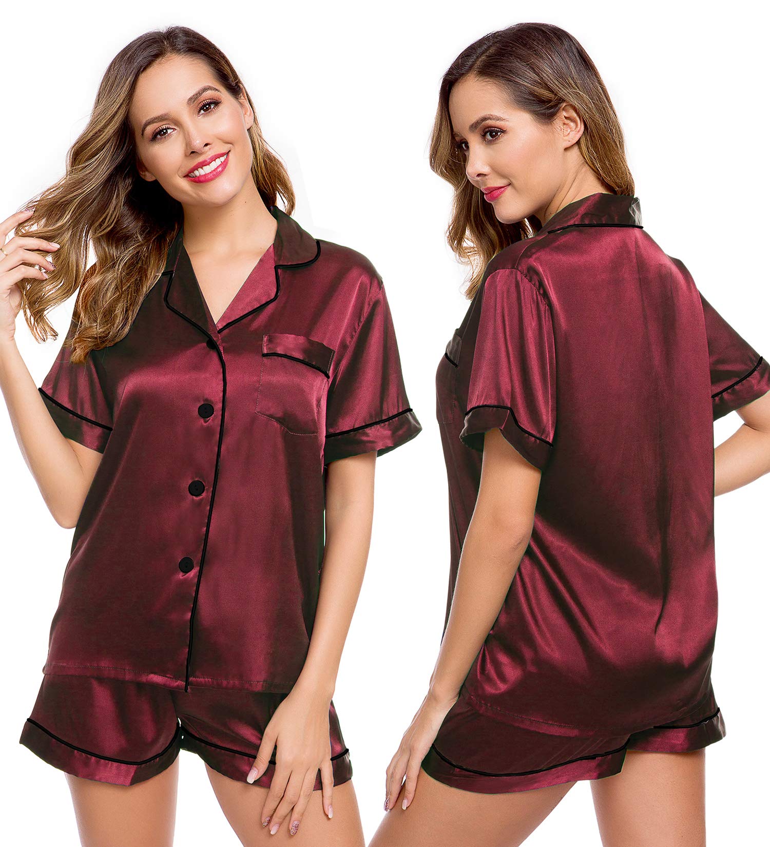 LecGee Womens Silk Satin Pajamas Short Sleeve Loungewear Two-Piece Sleepwear Button-Down Pj Set