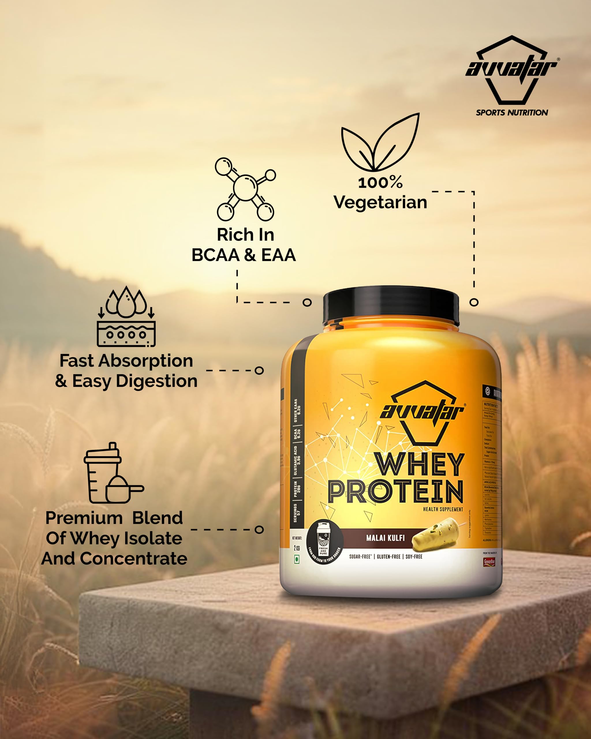 avvatar WHEY PROTEIN | 2Kg | Malai Kulfi Flavour | 28g Protein | 57 Servings | Isolate & Concentrate Blend 1