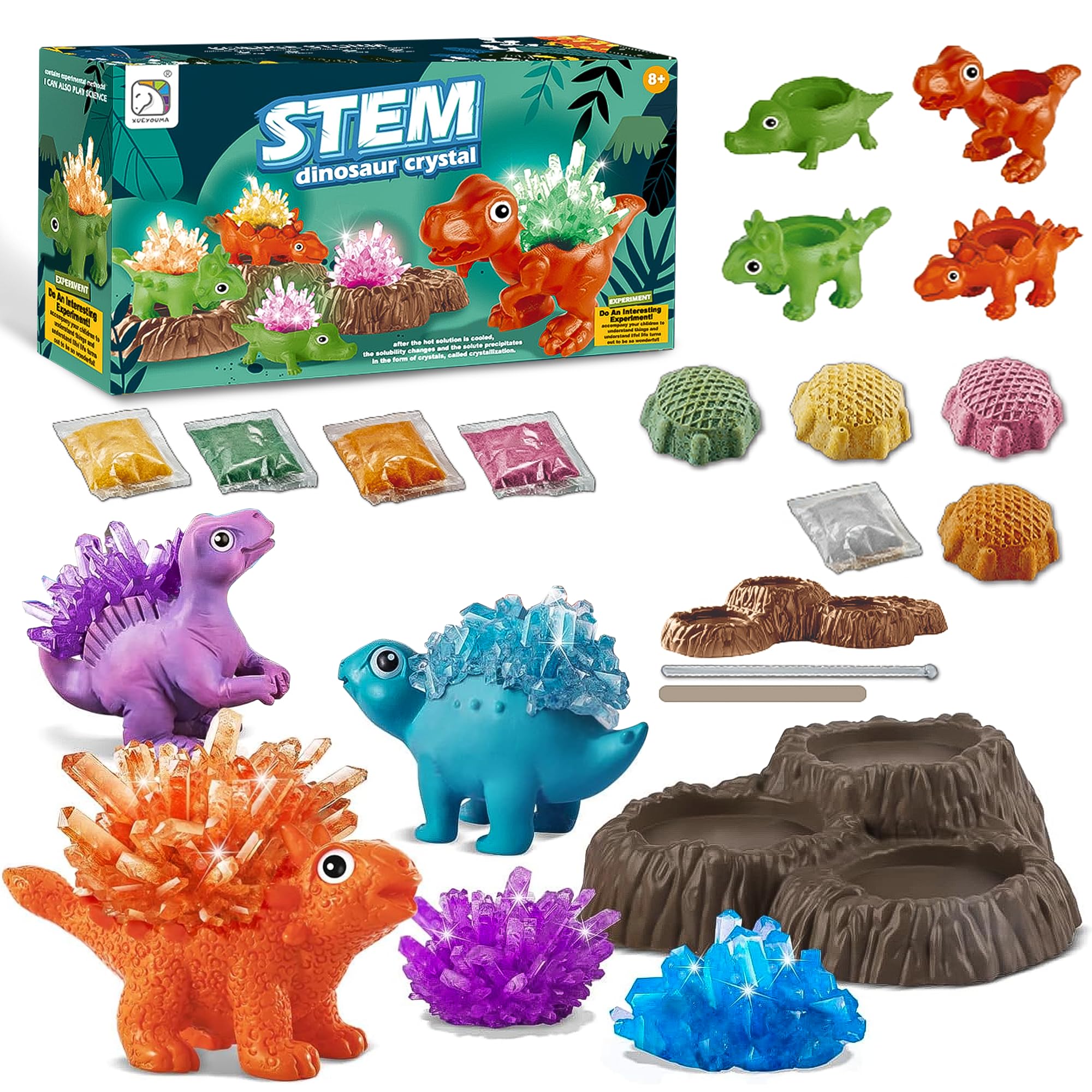 VigorFunCrystal Growth Kit for Kids - 4 Colorful Dinosaur Science Kit, Toys for Boys and Girls Aged 8-12（21 Pcs）