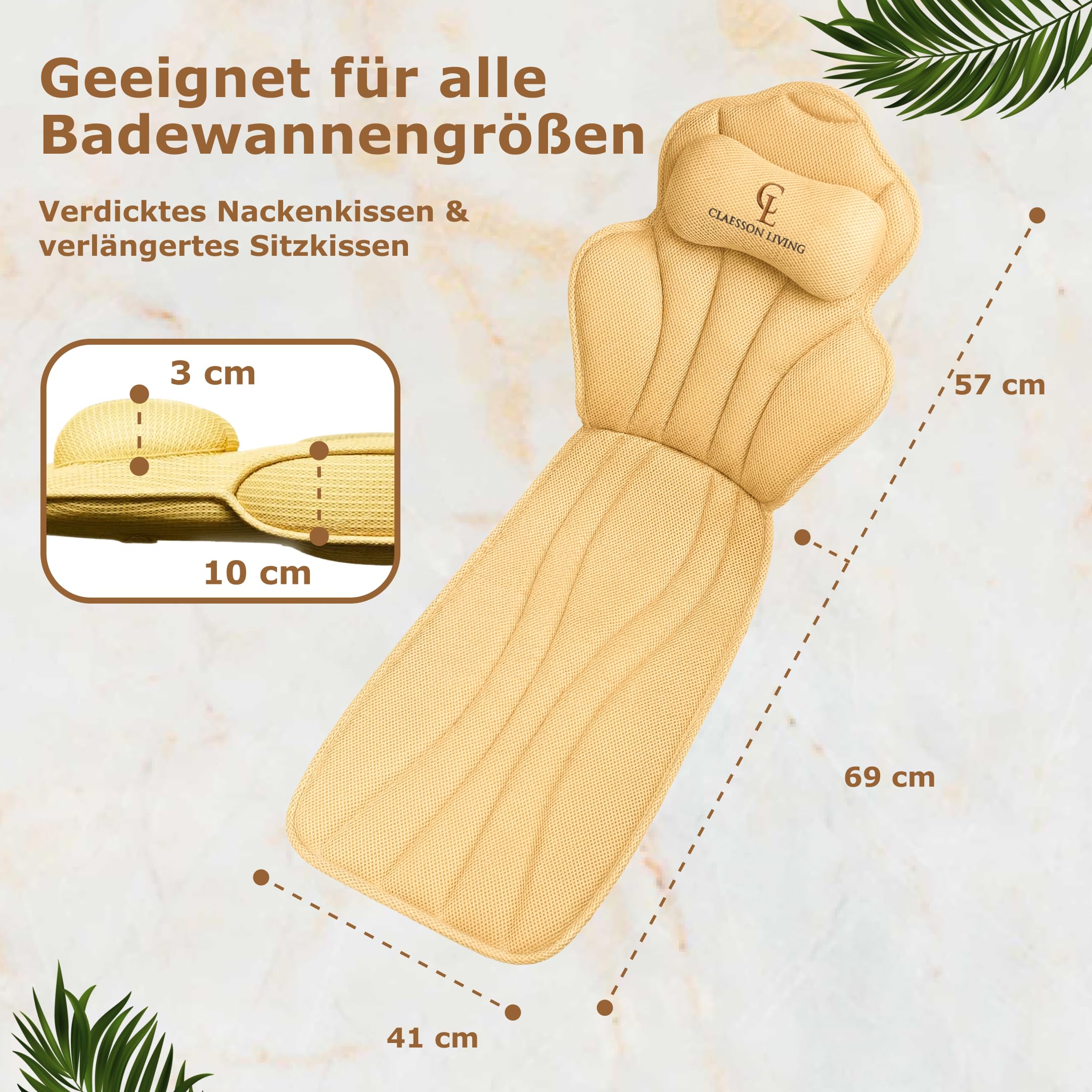 Badewannenkissen Ganzkörper Badekissen (152x56cm) - Badewannenmatte mit Kopfstütze (11cm) unterstützt Nacken, Rücken und Beine - Mit Wasch- und Reisebeutel und einem Hängehaken für Trocknen - Sand