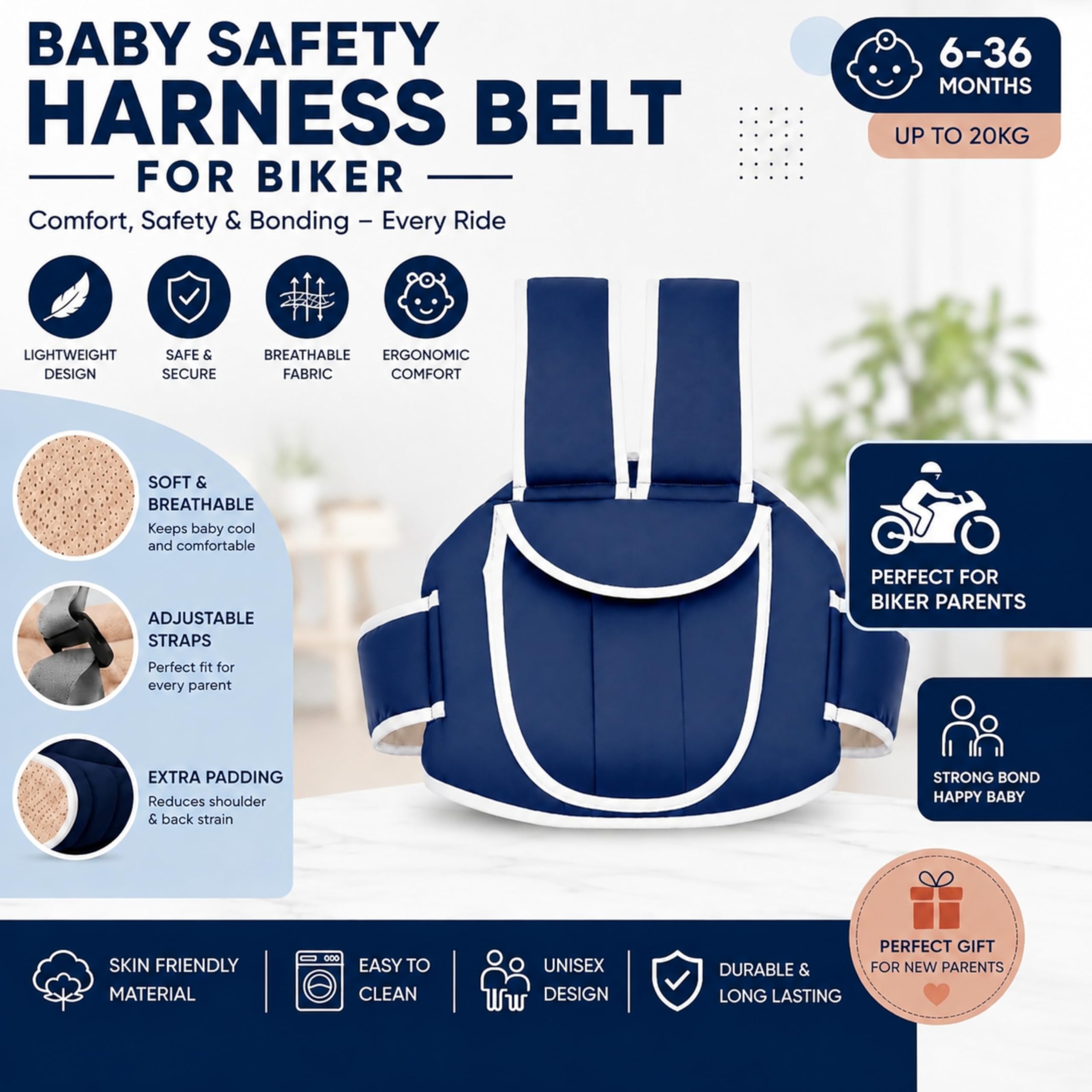 Mommers Baby Safety Belt for 2 Wheeler | Adjustable Harness for Bike and Scooter | Motorcycle Safety Harness Strap Belt for Children for 2 to 6 Year | Polyester - Blue — Amazon image 7