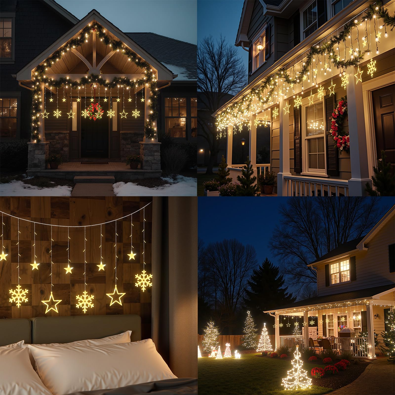 LEDYA LED Lichtervorhang Sterne & Schneeflocken, 1,65 m 138 LEDs Vorhang Lichterkette mit 8 Modi & Timer, Lichter mit Stecker für Weihnachten, Fenster, Schlafzimmer, Hochzeit, Party, Zuhause, Warmweiß