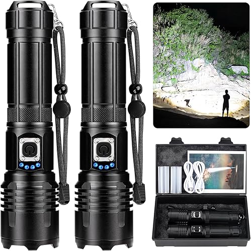 Linternas recargables de alto lúmenes, paquete de 2 unidades, 990000 lúmenes, linterna LED súper brillante con cable USB, IPX7 impermeable, 5 modos