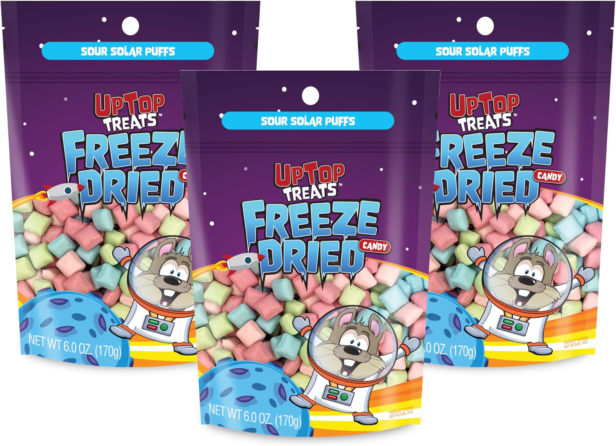 UpTop TreatsFreeze Dried Candy, Sour Solar Puffs Crunchy Hard Candy for ASMR, Cherry, Strawberry, Blue Raspberry & Watermelon, Snacks for Kids & Adults, Made in the USA, 3 Pack, 6 oz