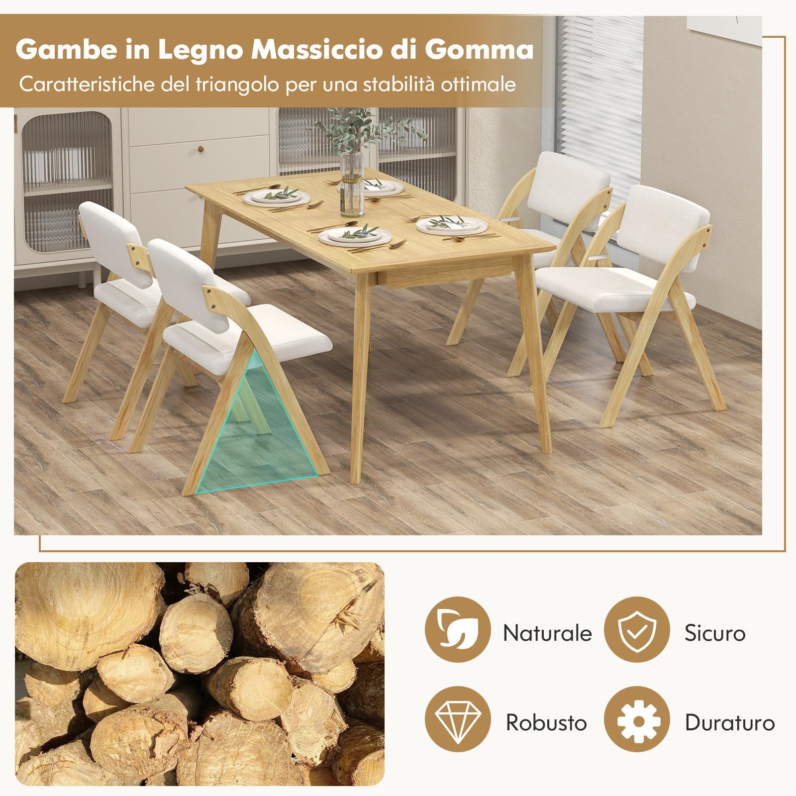 COSTWAY Set 2 Sedie da Pranzo, Sedia da Cucina Pieghevole con Gambe in Legno di Gomma, Sedile e Schienale Imbottiti, Sedia Portatile per Casa Ufficio Matrimonio, Portata 160 kg (Naturale)