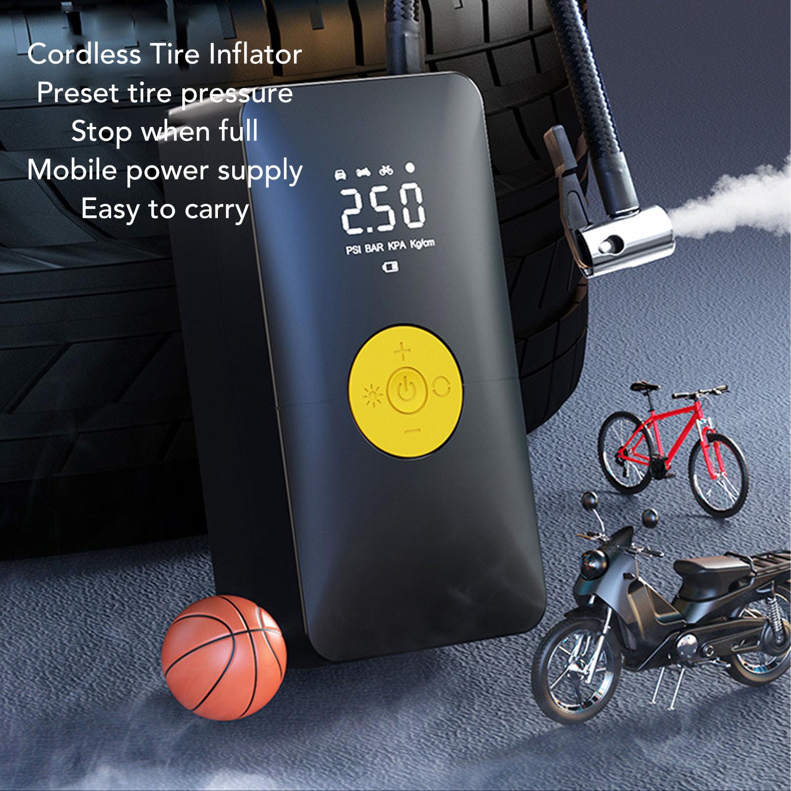 Naroote Pompe à Pneus Portable, Pompe Électrique sans Fil pour Vélo 150 PSI avec Manomètre et Lampe Torche Intégrée, Arrêt Automatique, pour Les Motos, Les Vélos, Les Ballons