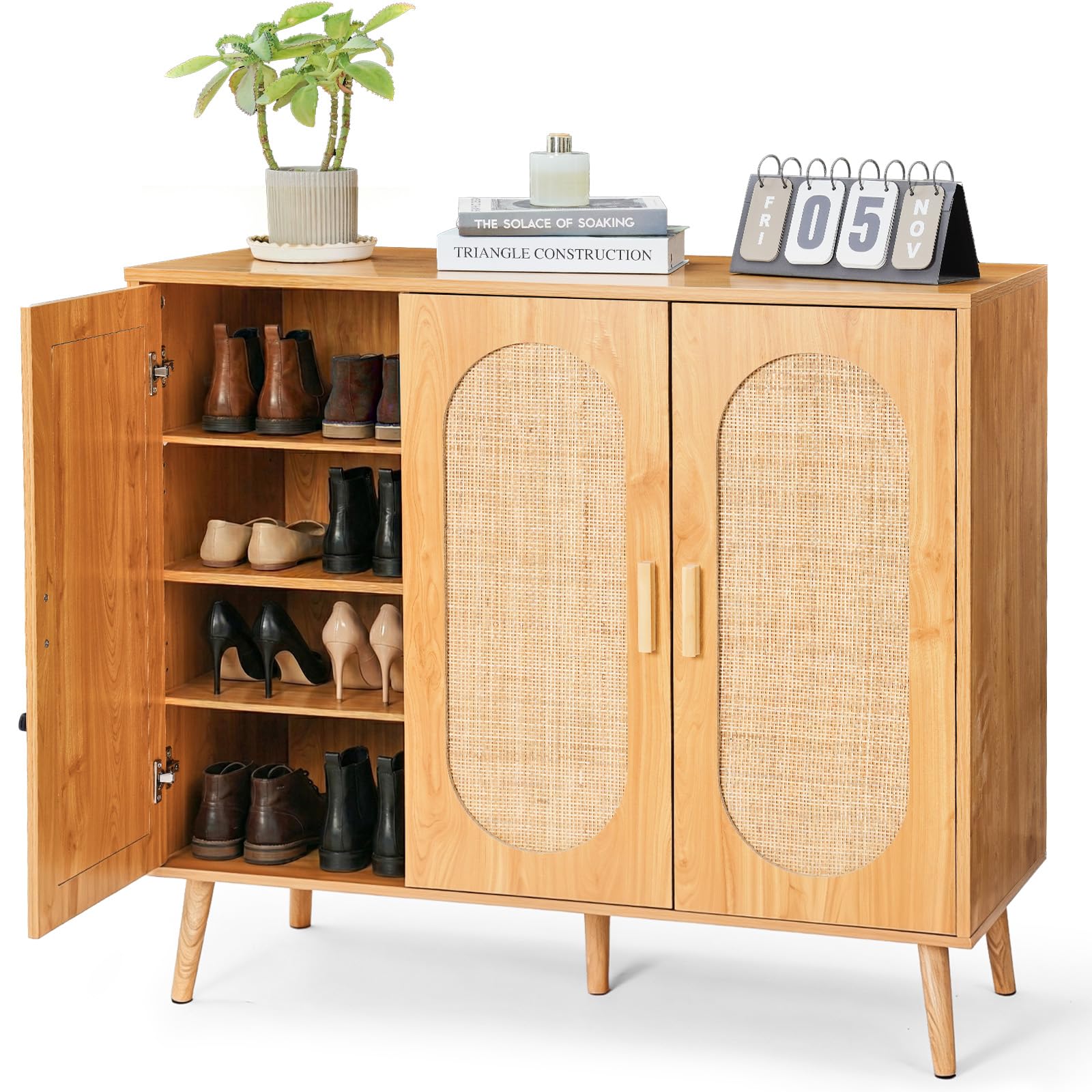 HOKEEPER Schuhschrank aus Holz, Schmaler Doppeltür (87x40x100cm),Shoe Cabinet, Schuhkipper für bis zu 24 Paar Schuhe, Schuhkommode mit Metallbeinen, Braun