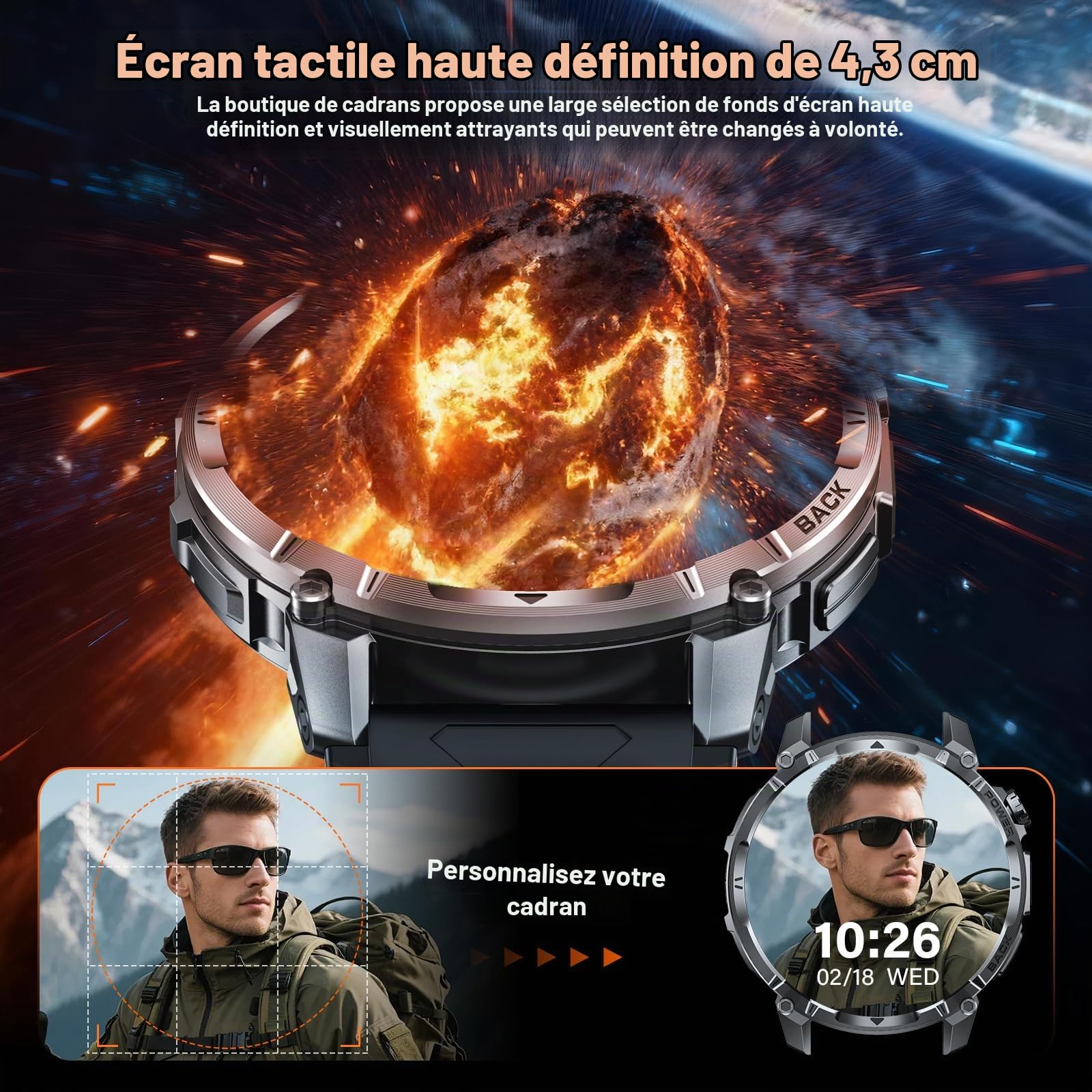 Montre Connectée Homme, 1,7'' Militaire Smartwatch avec Appel Bluetooth LED Lampe Torche 100 Ciel Veille Cardiofréquence 120+ Modes Sport Analyse Sommeil IP68 Fitness Android iOS (Silicone)