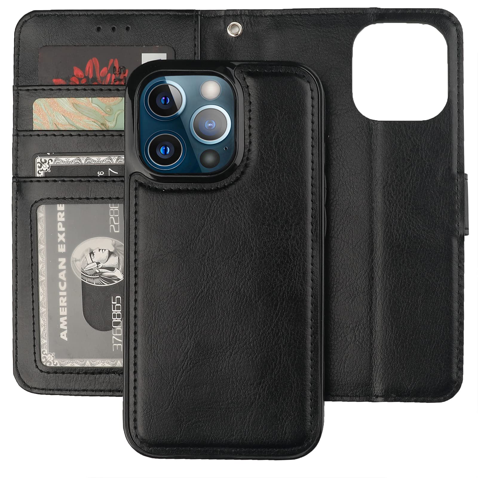 Bocasal Detachable Wallet Case for iPhone 13 Pro RFID Blocking Card Slots Holder Premium PU Leather Magnetic Kickstand Shockproof Wrist Strap Removable Flip Protective Cover 5G 6.1 inch (Black)