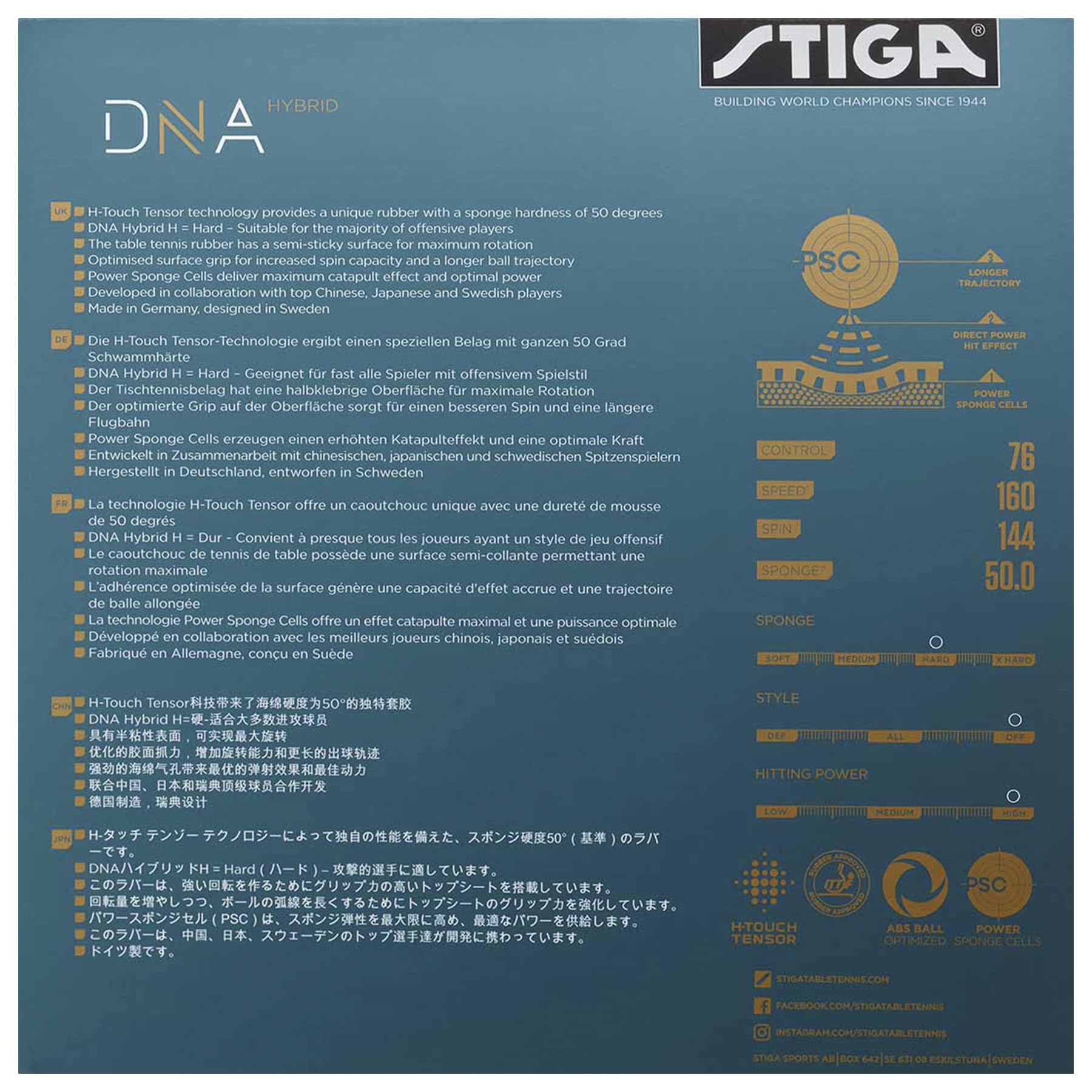 STIGA Goma para Raqueta de Ping Pong DNA Hybrid H, 2.1 mm, Negro