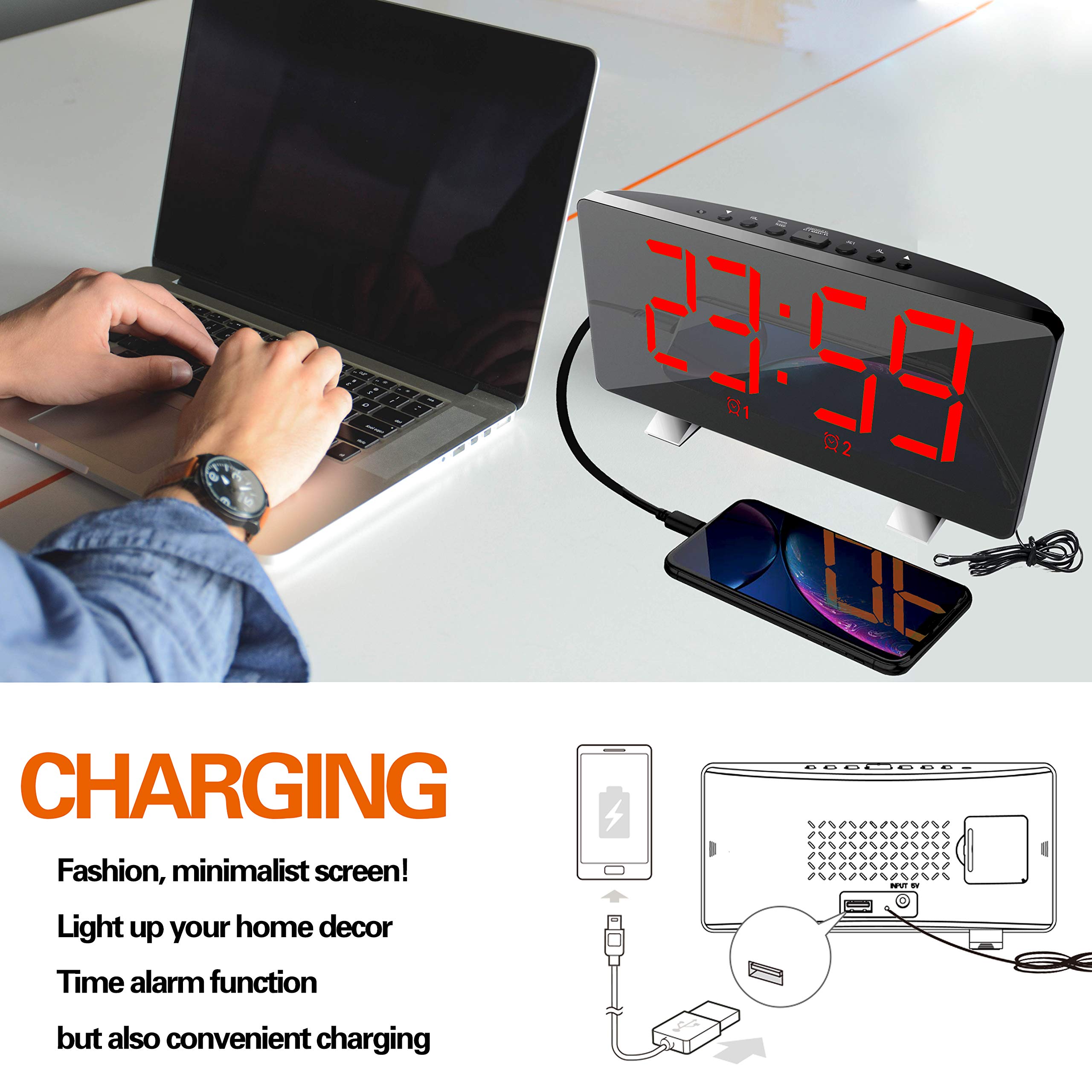 ThreeH Orologio Digitale Radiofonico 7,3 Pollici LED Caricatore USB Sveglia Rosso