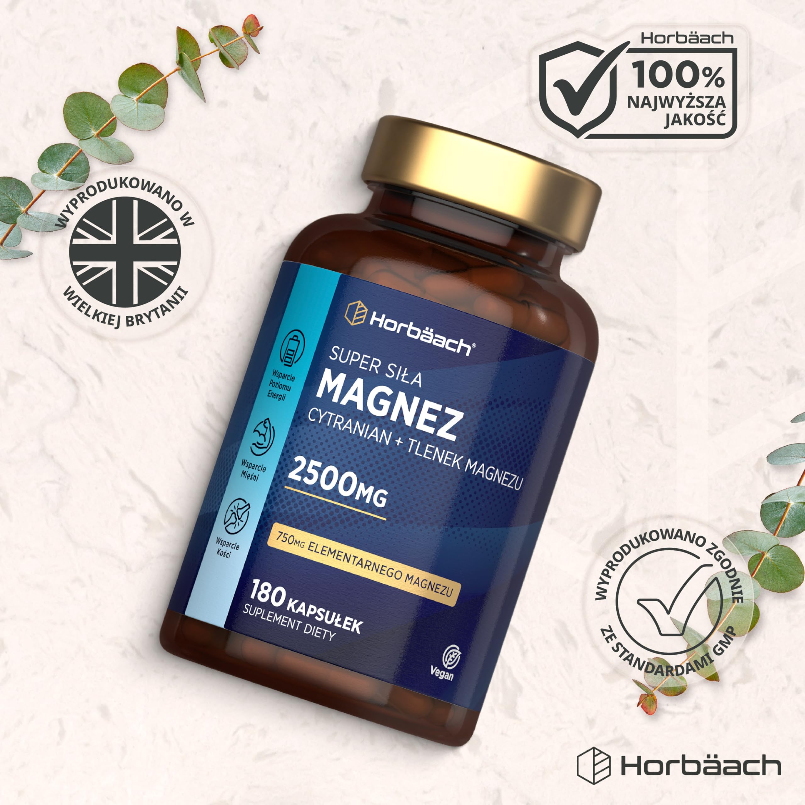 Cytranian Magnezu 2500 mg | Wysoka Dawka 750 mg Czystego Magnezu (Magnez Elementarny) | Cytryniany i Tlenki | 180 Kapsułek Wegańskich - Zapas na 2 Miesiące | marki Horbaach