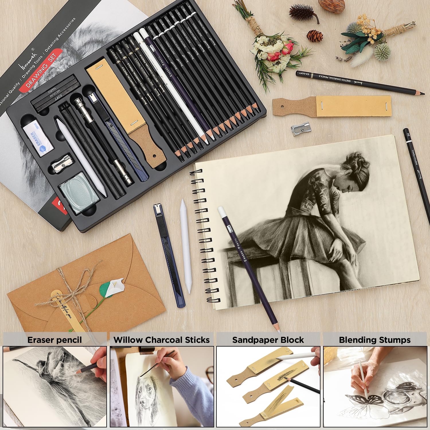 Brusarth Lápices de carbón para dibujar, juego de 26, lápices de dibujo profesional, suministros de arte para dibujar, sombrear, bocetos, mezclar, lápices de artista para principiantes y artistas