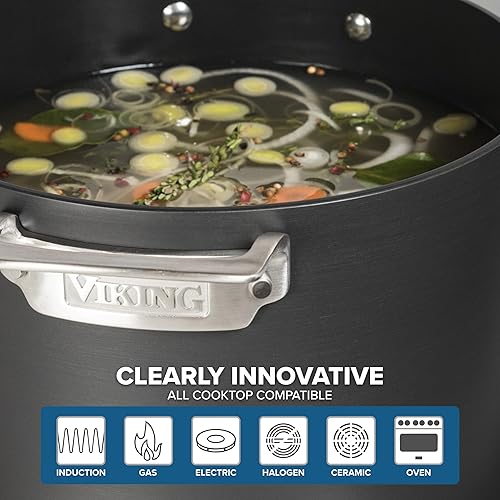 Miniatura 5 de Viking Olla antiadherente, 8 cuartos de galón anodizada dura olla de sopa antiadherente con tapa de vidrio, gris