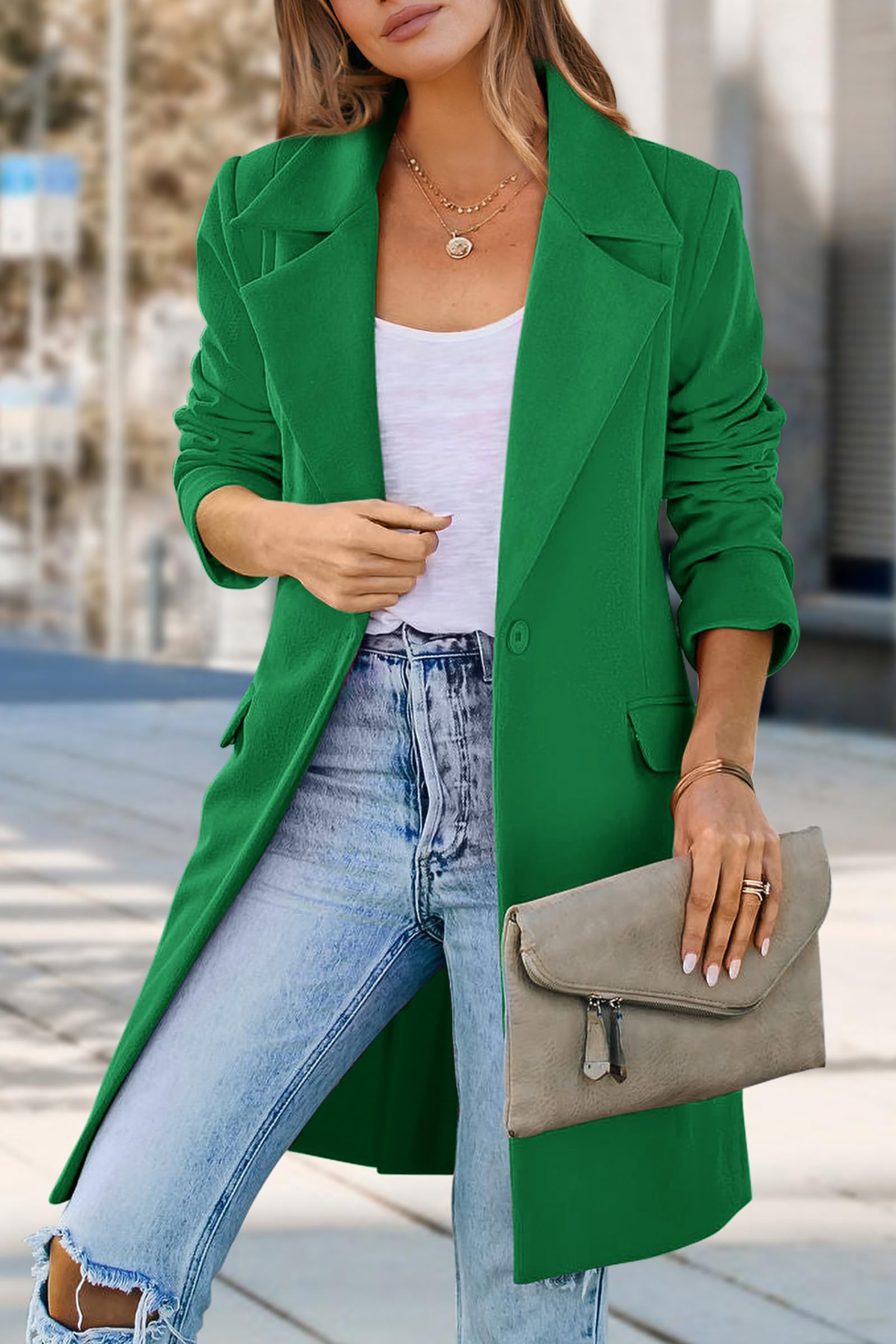 PRETTYGARDEN Women's Business Casual Long Blazer Jackets(Green,M) view 3