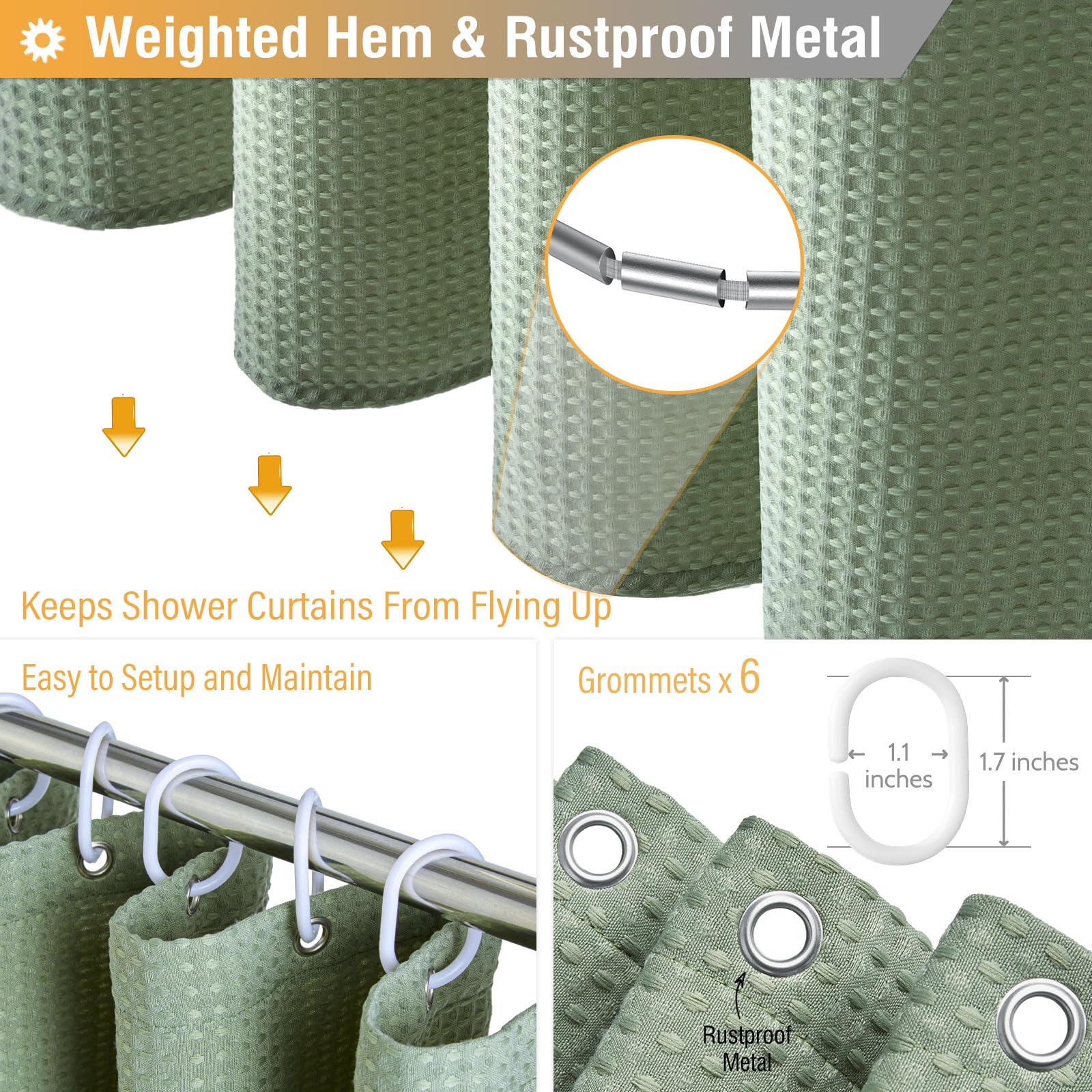 BTTN Narrow Waffle Shower Curtain, Heavy Duty Mould Proof Resistant Wet Room Shower Curtains - Image 3