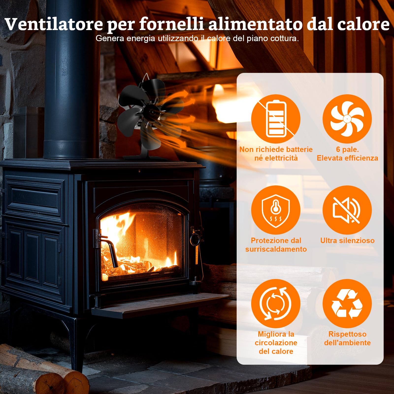Ventole per stufe camino, Ventilatore Per Camino A Legna, ventilatore a 6 pale, ventilatore per caminetto a 6 pale, per stufa a legna/stufa da cucina/caminetto (Standard)