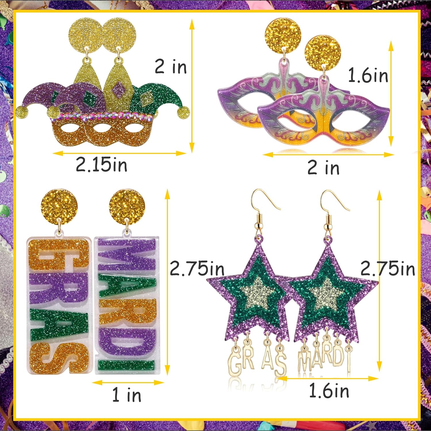 Mardi Gras Earrings for Women Fleur De Lis Carnival Earrings Resin Acrylic Mardi Gras Accessories Fat Tuesday Celebrations Cosplay Party - Image 3