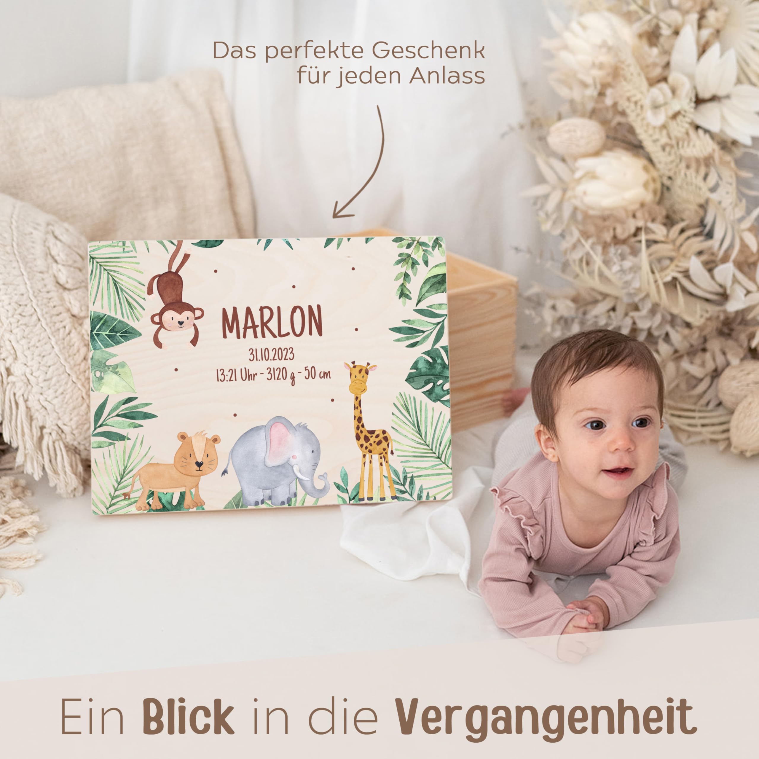 wunderwunsch - Personalisierte Erinnerungsbox Baby mit Hochwertigem Druck - Individuelle Erinnerungsbox - Niedliche Erinnerungskiste aus Holz - Geschenk zur Geburt (Tiere Dschungel, M-Klappdeckel)