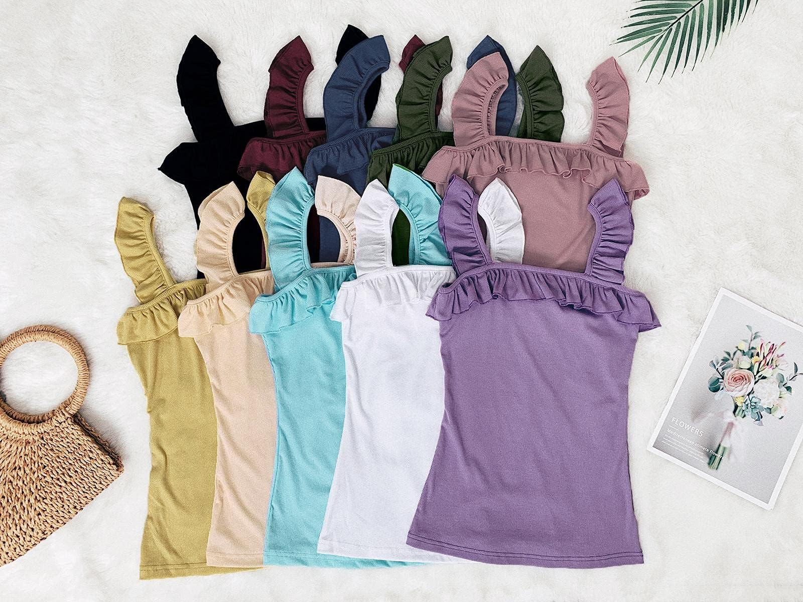 Womens Cute Sleeveless Tank Tops Ruffle Strap Square Neck Blouse Solid Color Knitted Camisole