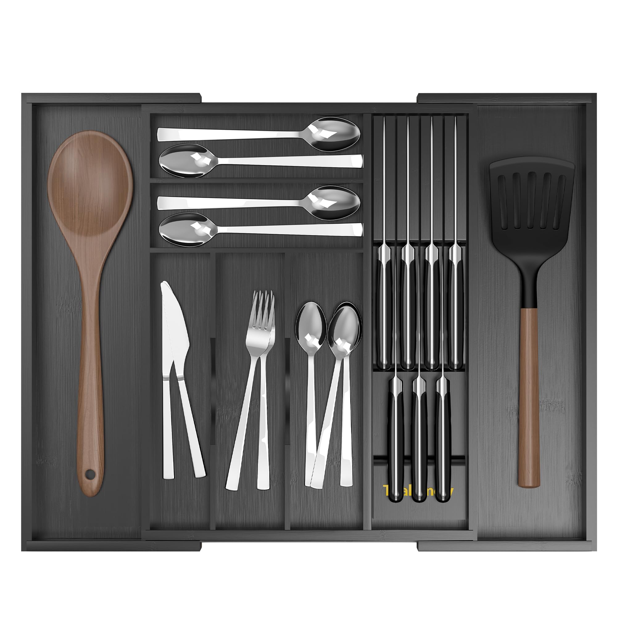 Bambus-Küchenschubladenorganizer, erweiterbarer Utensilien-Organizer mit abnehmbarem Messerblock, Besteckkasten mit Trennwand, verstellbarer Besteck-Organizer, Schwarz
