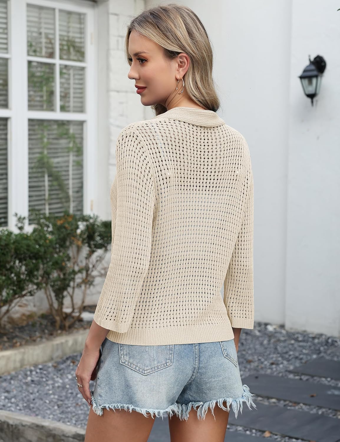 LOMON Shrug Cardigan for Women 3/4 Sleeve Casual Openwork Knit Sweater Tops Spring - Image 3
