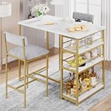CABIHOME Dining Table Set for 2, Kitchen Table and Velvet Upholstered Chairs for 2, 3 Piece Counter Height Bar Table Set with 3 Large Storage Shelves for Small Space, Apartment, Gray and Gold White