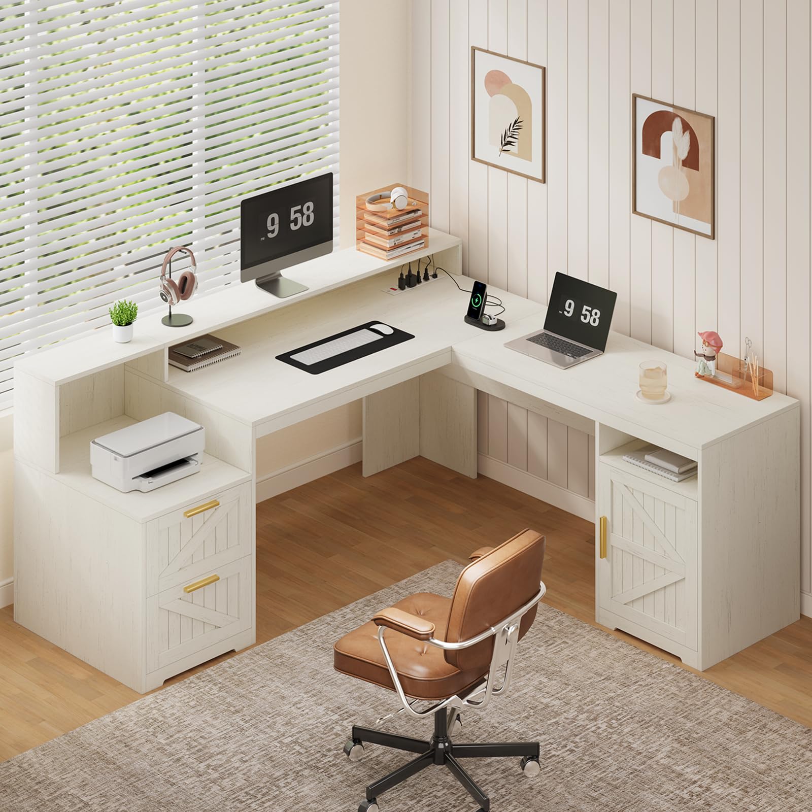 YOMILUVE 63" Farmhouse L Shaped Executive Desk with Drawers & Storage Shelf, Corner Computer Desk with Power Outlets, L Shaped Office Desk with Monitor Stand, Printer Shelf, White