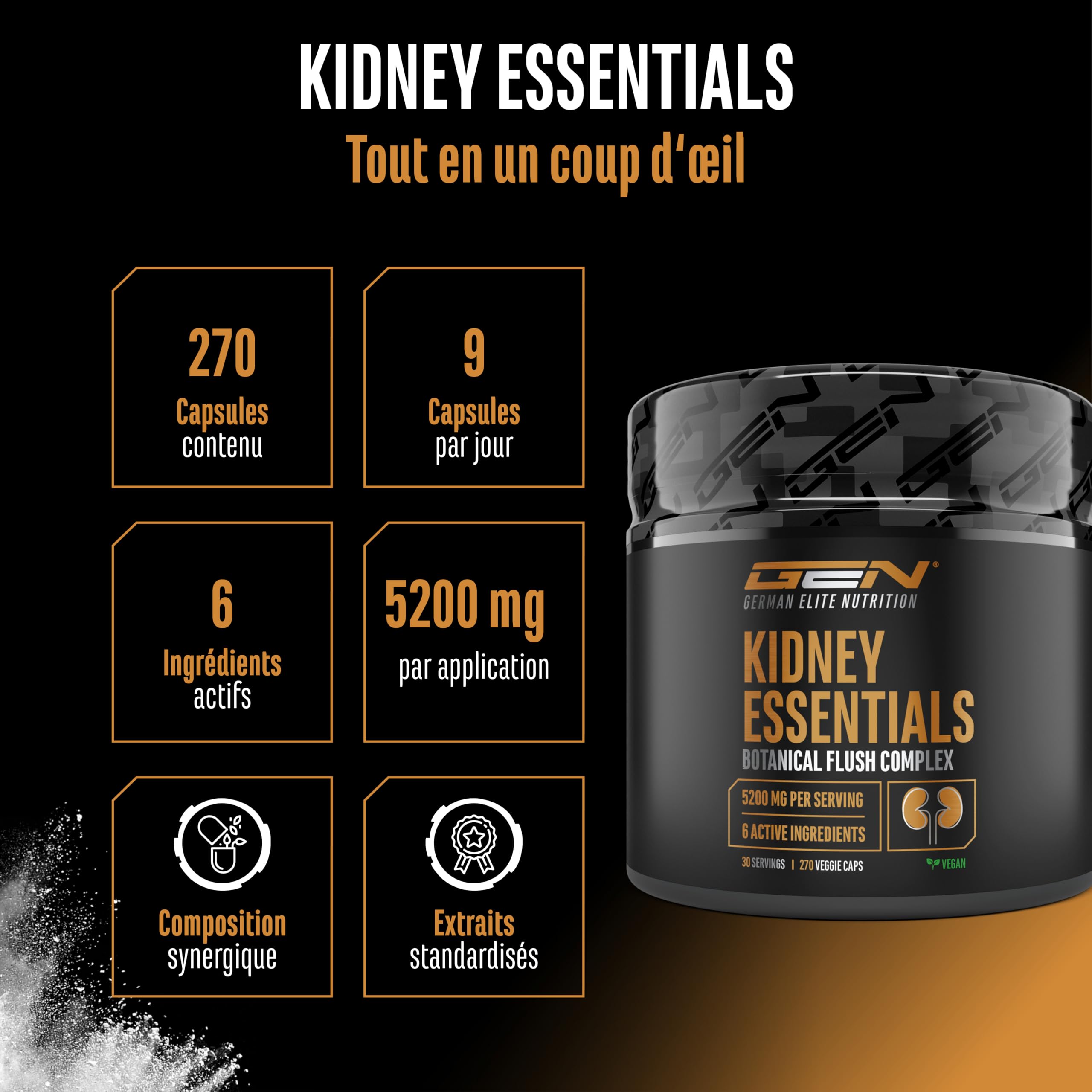 Kidney Essentials - 270 capsules - Complexe Botanical Flush Hautement Dosé avec Extraits d’Astragale, d’Ortie, de Cerise Griotte, d’Écorce de Pin, de Céleri et de Verge d’Or - Vegan
