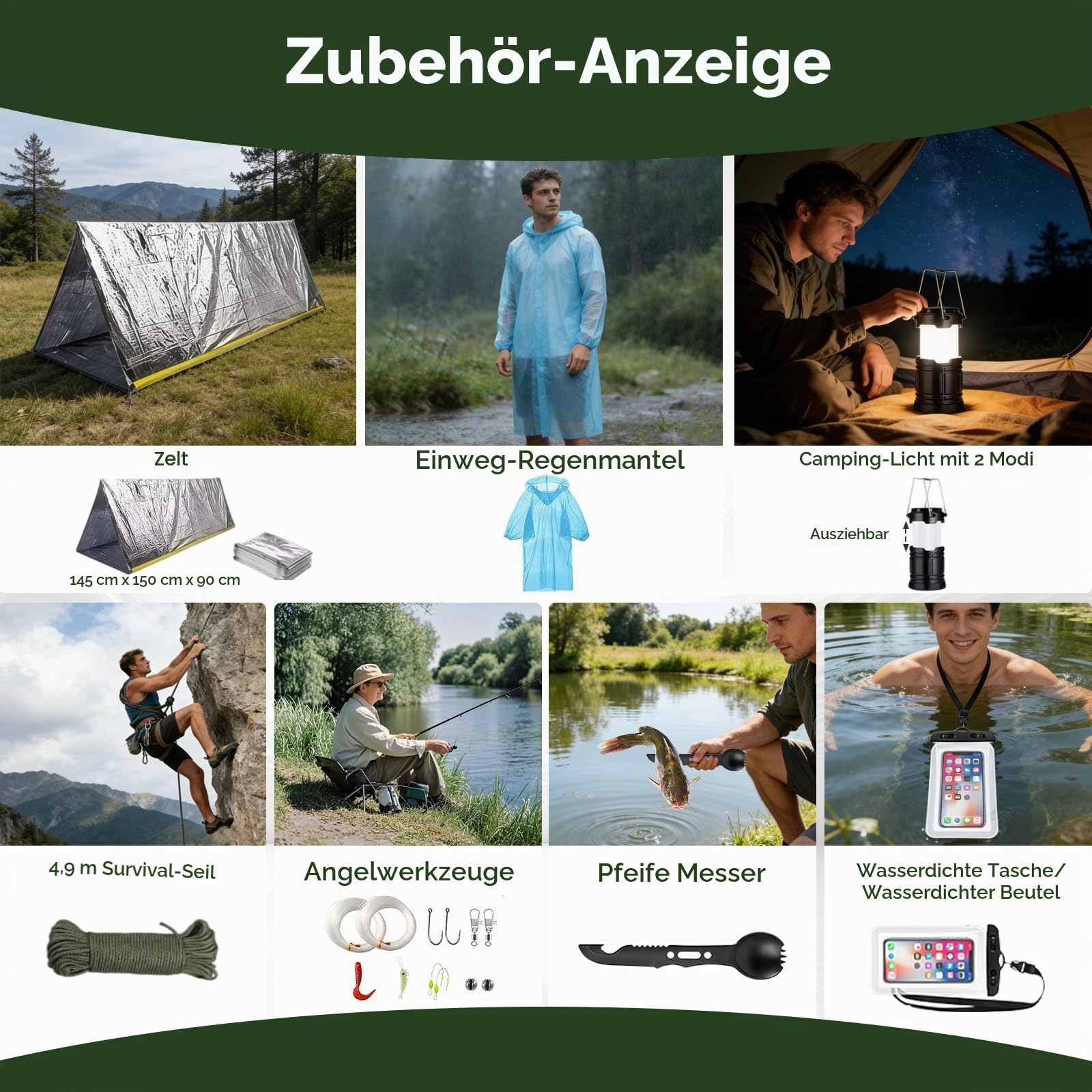 Außen Survival Kit, 235PCS Notfall Ausrüstung mit Erste Hilfe Set | Survival Ausrüstung mit Multitool Hammer Axt, Camping Zubehör, Klappspaten, Geschenke für Männer Camping, Abenteuer, Wandern