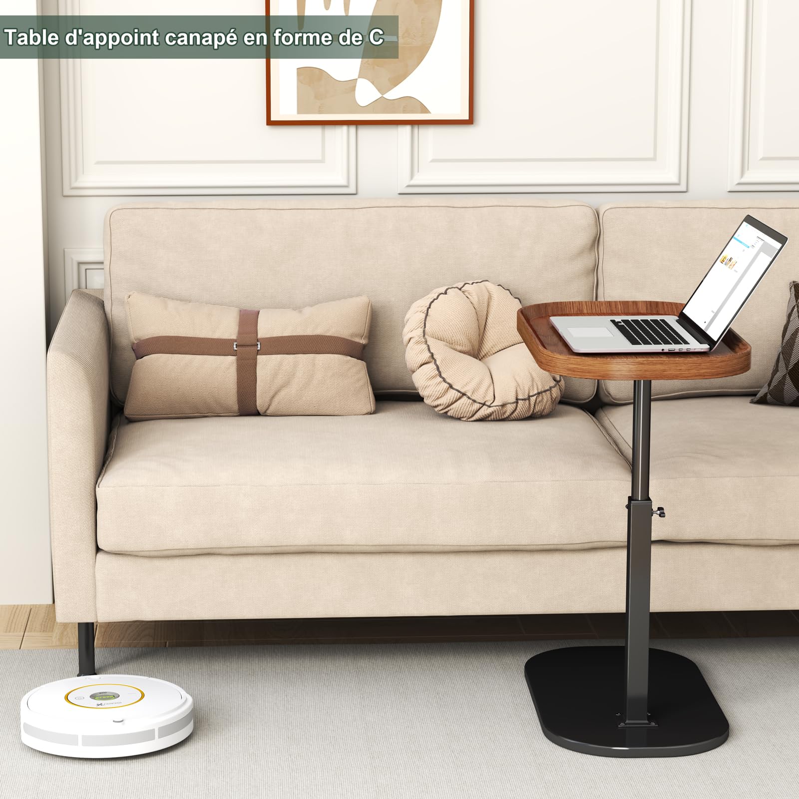 Table d'appoint en Forme de C reglable en Hauteur, 360 ° pivotante canapé Table d appoint, Mobile Petite café Moderne C Tables pour Salon/Chambre/Balcon, reglable Haute 45-80cm,Noyer