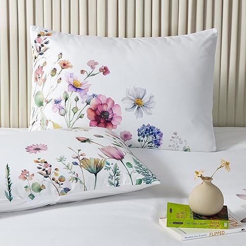 Miniatura 10 de Style Quarters Dahlia Lane - Juego de funda de edredón de 3 piezas, tallos florales multicolor con siluetas de hojas blancas, 100% algodón, lavable