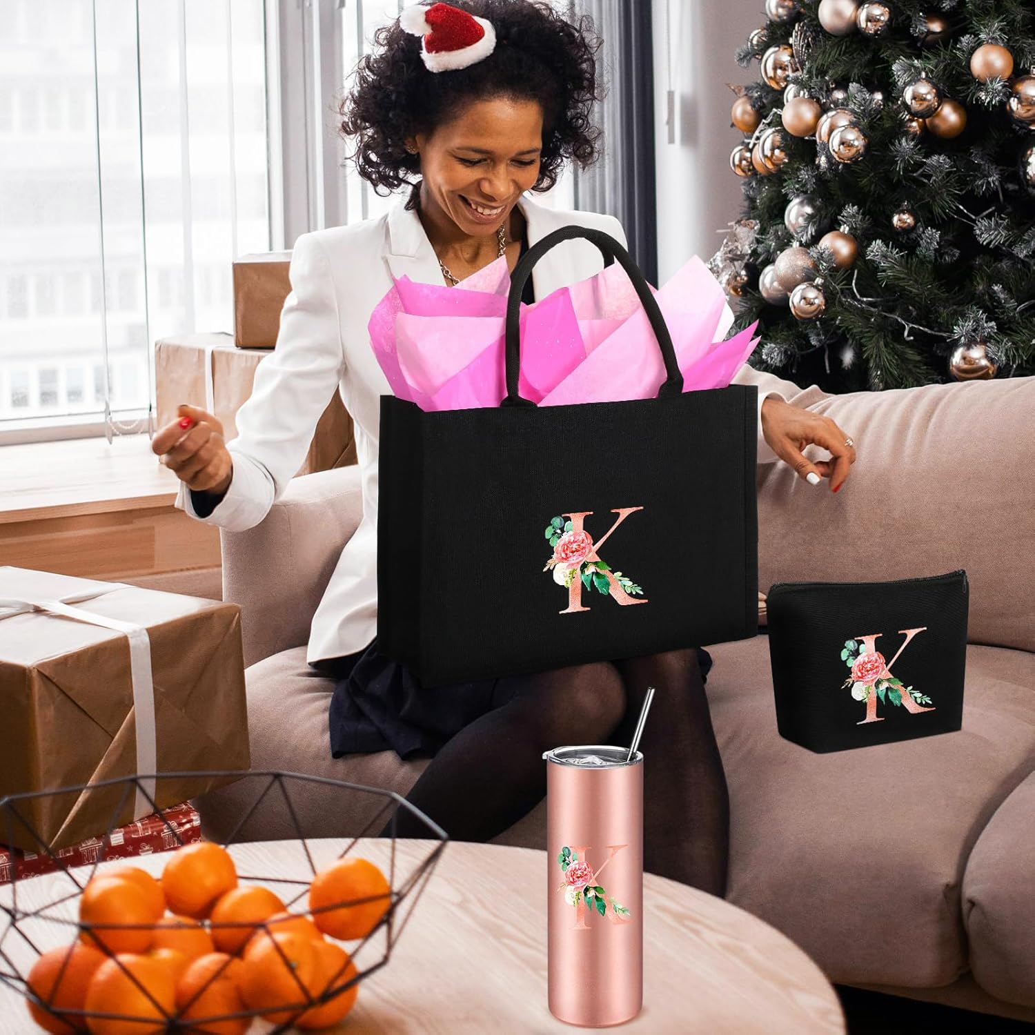 Huhumy Initial Canvas Tote Bag for Women Initial Gifts Makeup Bag Personalized Monogram Tumbler Mother Day Teacher Gifts